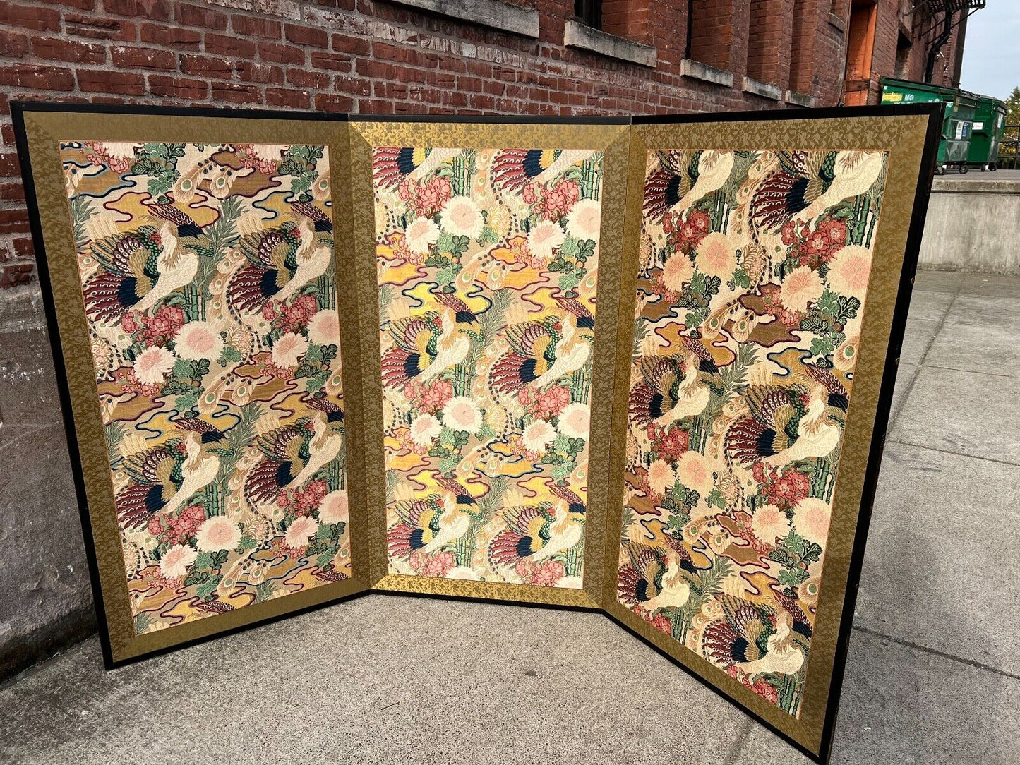 Antique Japanese Silk Obi Framed Into a 3 Panel Screen Wall Hanging Phoenix Motif 58"H