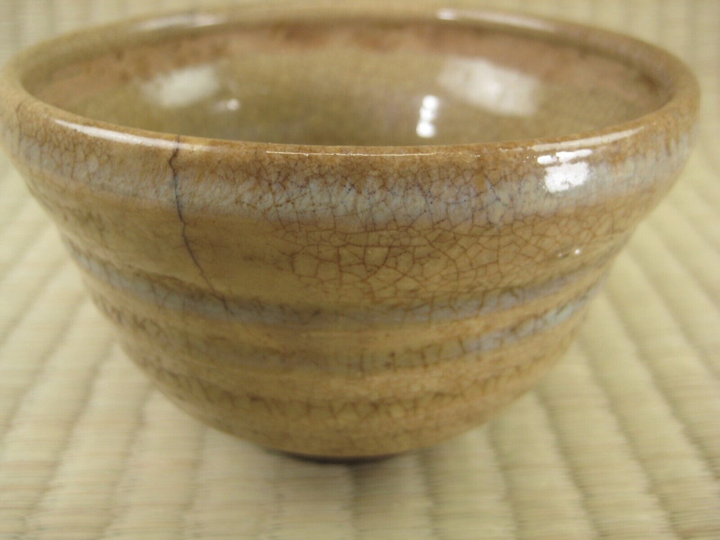 Vintage Japanese Tea Ceremony Ceramic Chawan Tea Bowl Brown Crackel Glaze