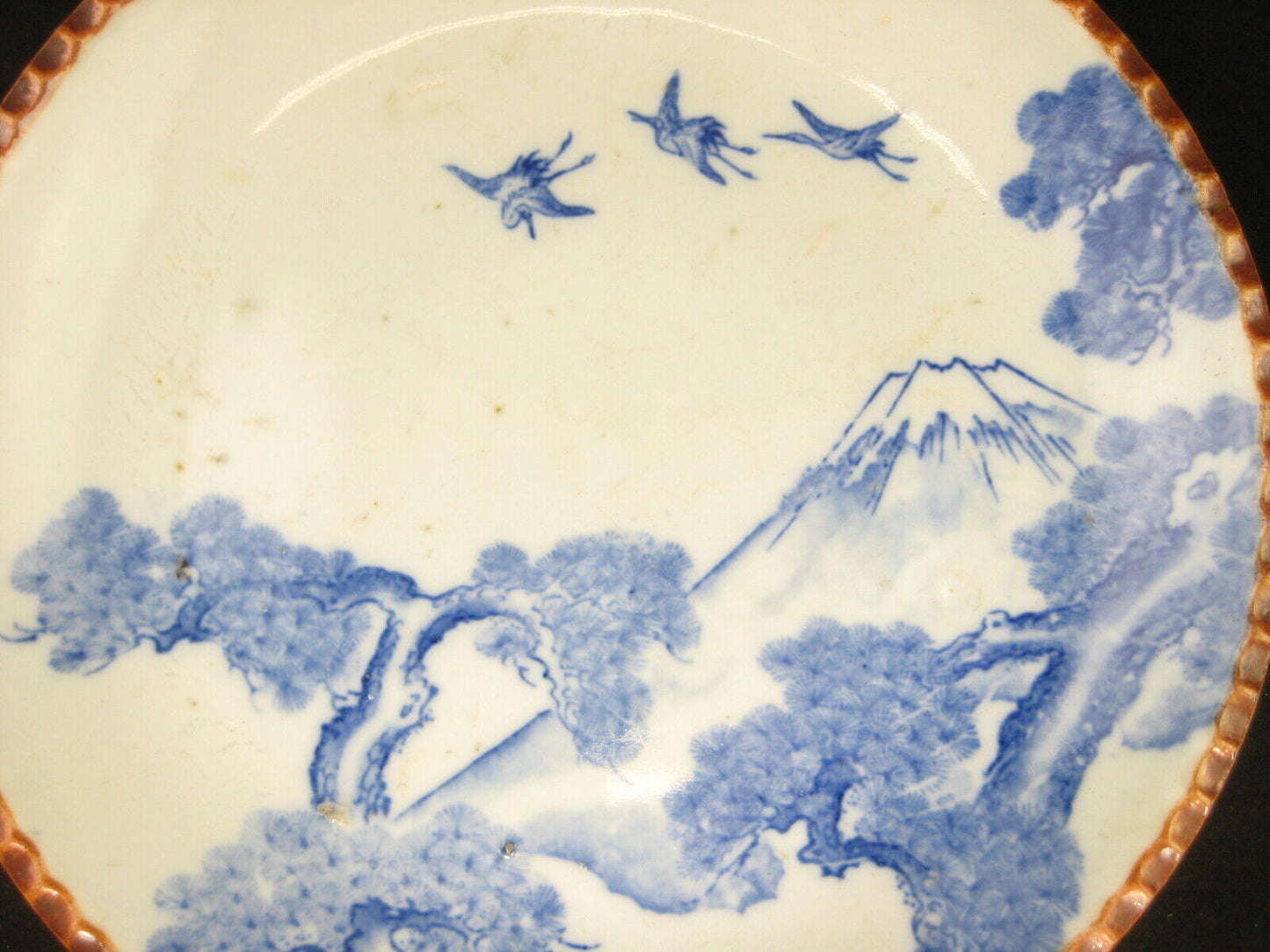 Antique c1900 Meiji Era Japanese Ceramic Imari Plate Cranes Pine & Mt Fuji