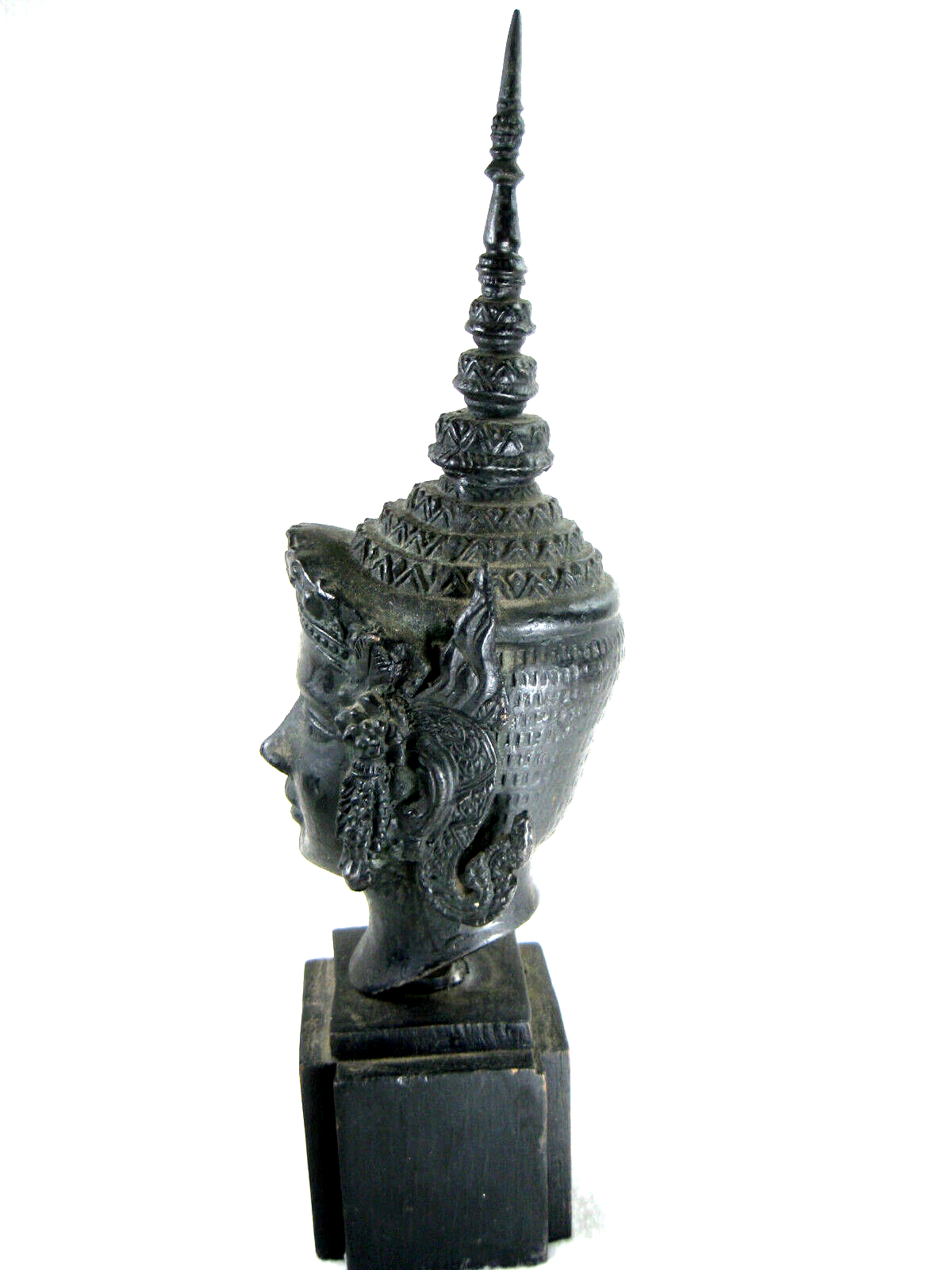 Vintage Thai Bronze Small Cast Buddah Head Smiling W/ Tall Crown & Flowers