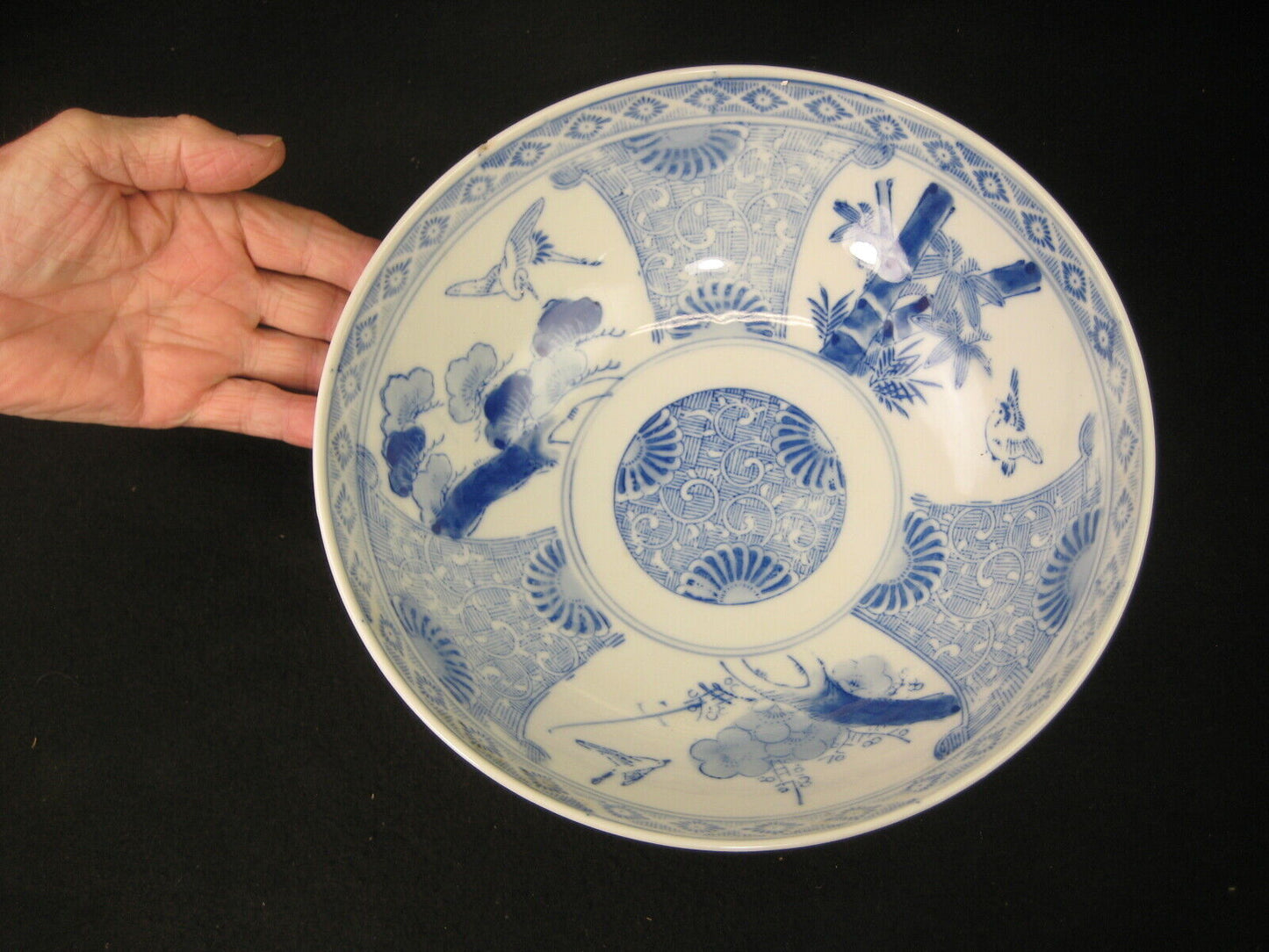 Antique Japanese Meiji Era C. 1900 Imari Ceramic Bowl Bird Crane & Pine