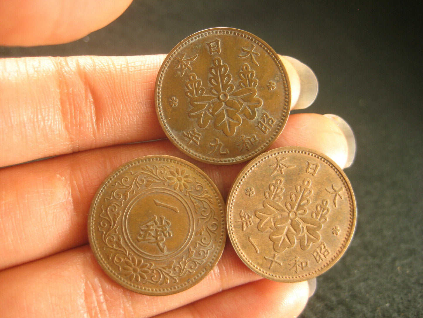 Japanese 1934/35/36 Coins Set of 3 1Sen - Paulownia Crest Bronze Showa 9 10 11