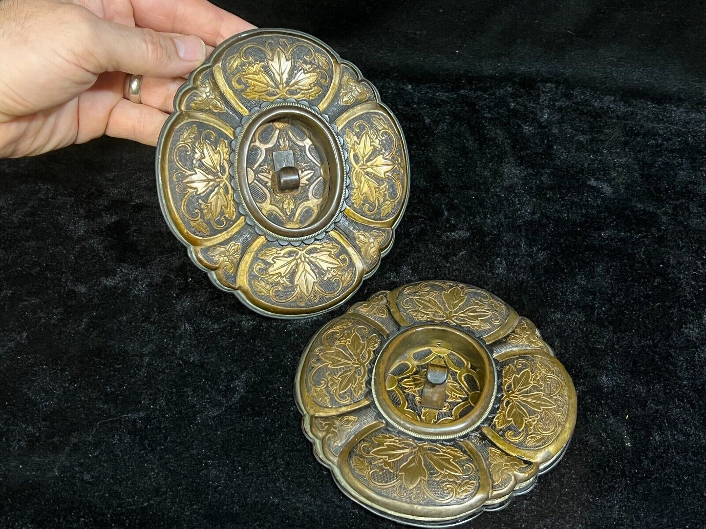 Antique Japanese C1920 Set 2 Copper Large Hikite Sliding Fusuma Door Pulls