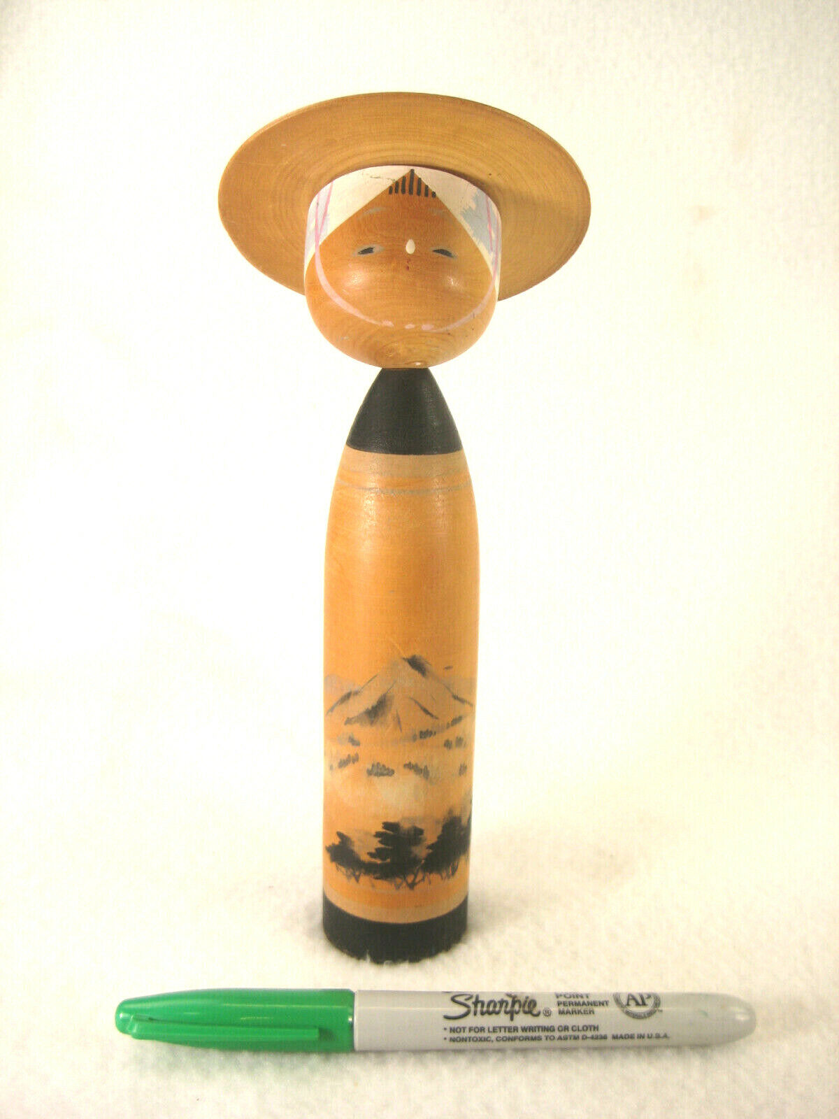 Vintage Japanese Kokeshi Wooden Bobblhead Doll W/ Hat Hand Painted Trees 3"