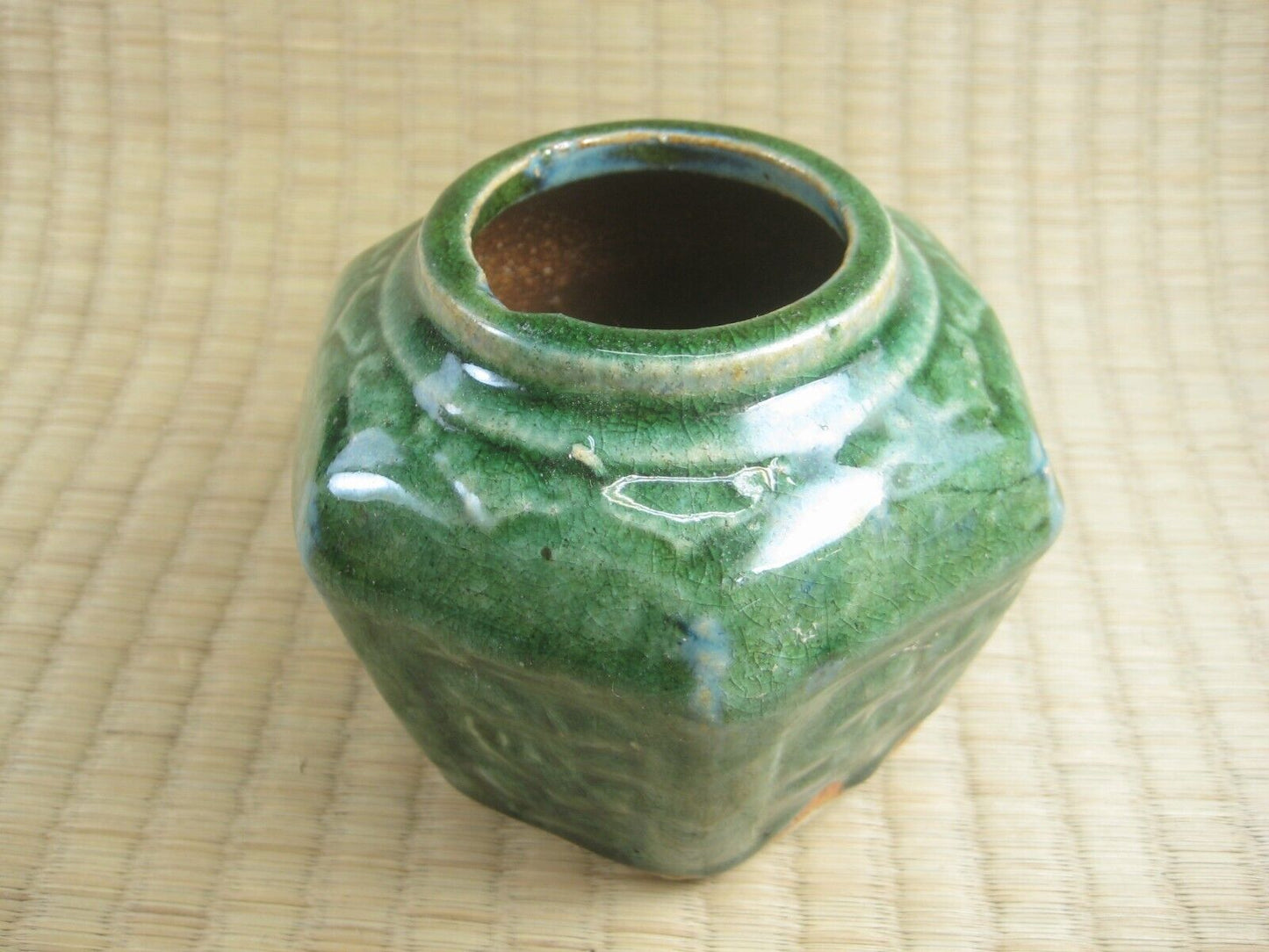 Vintage Chinese mid 20th Century Hexagonal Jar w/ Flowers Green Crackle Glaze Vase 4"