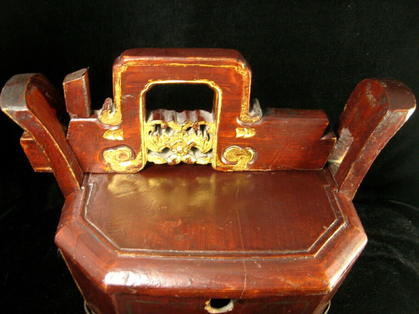 Antique Chinese Hardwood Teapot Caddy Holder W/ Bat Carving Red & Gold