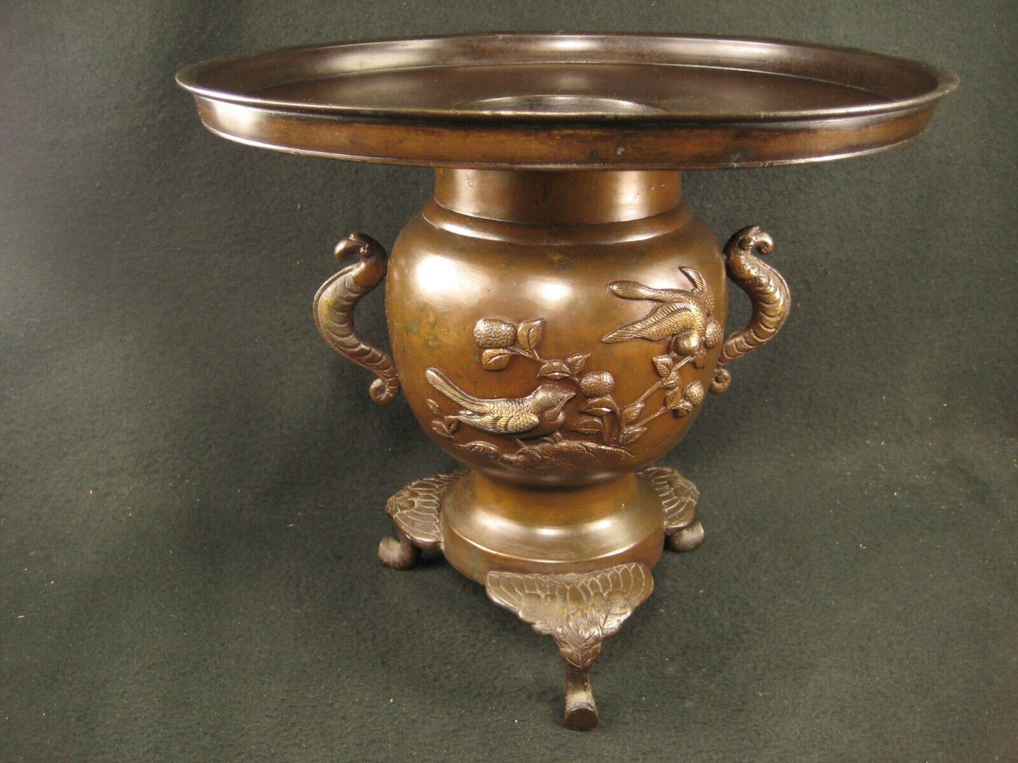 Antique Japanese Signed Usubata Bronze Ikebana Flower Vase Birds & Flowers