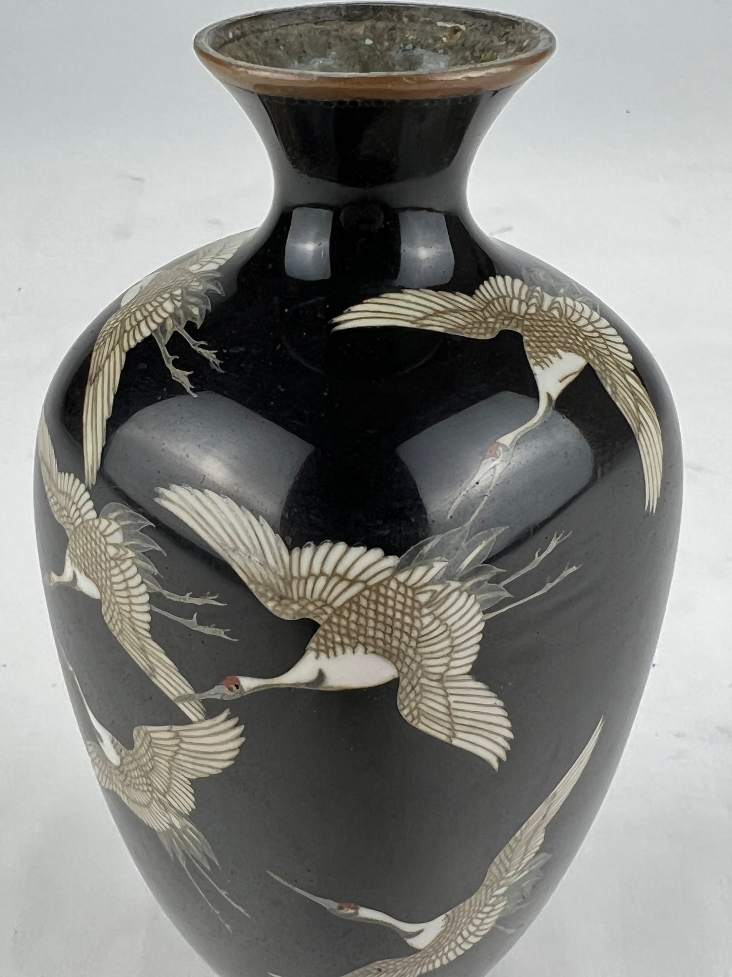 Antique Japanese Meiji Era (c1880) Cloisonné Vase Happiness Cranes 6”