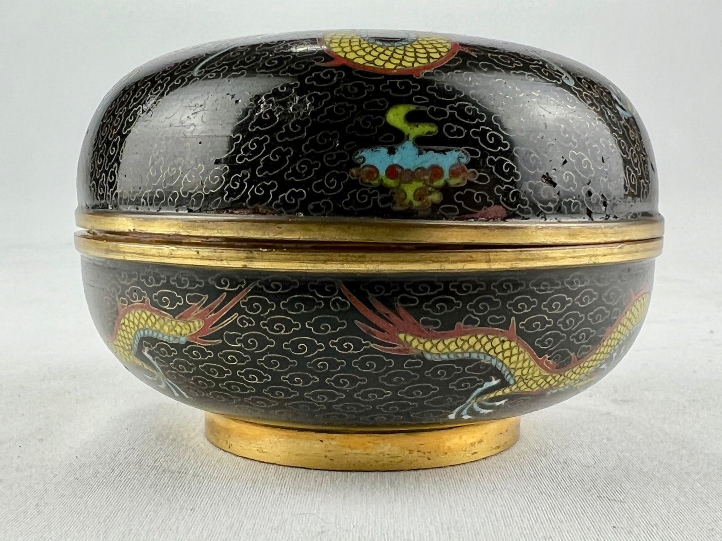 Antique Japanese Meiji Era (late 1800's) Cloisonné Yellow Dragon Jar / Box 3.5”