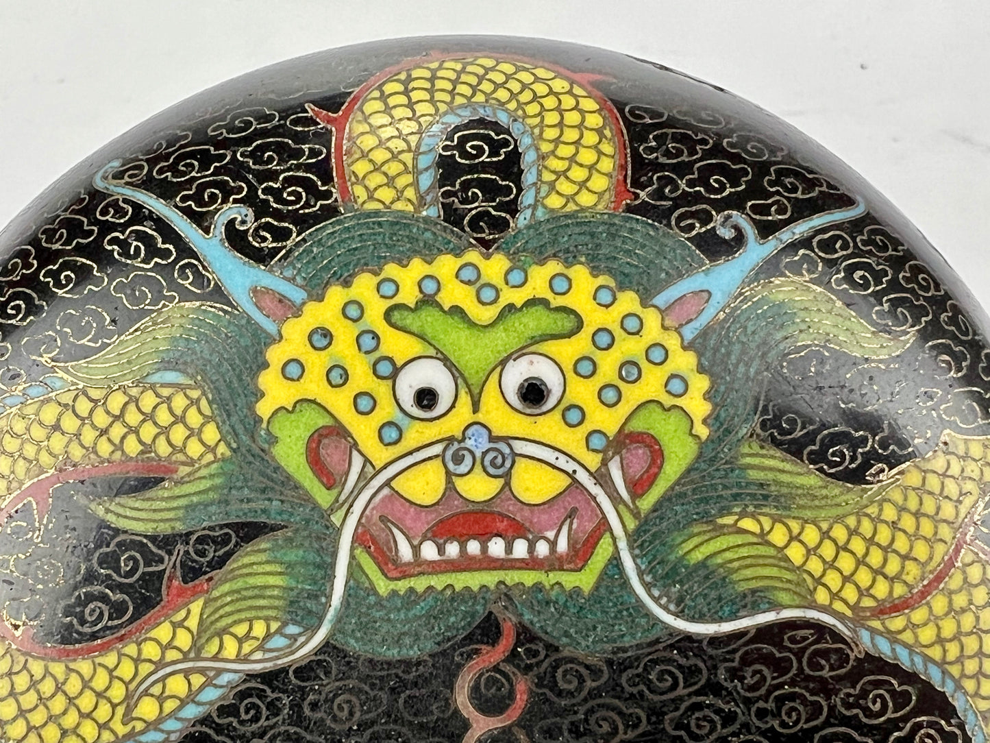 Antique Japanese Meiji Era (late 1800's) Cloisonné Yellow Dragon Jar / Box 3.5”