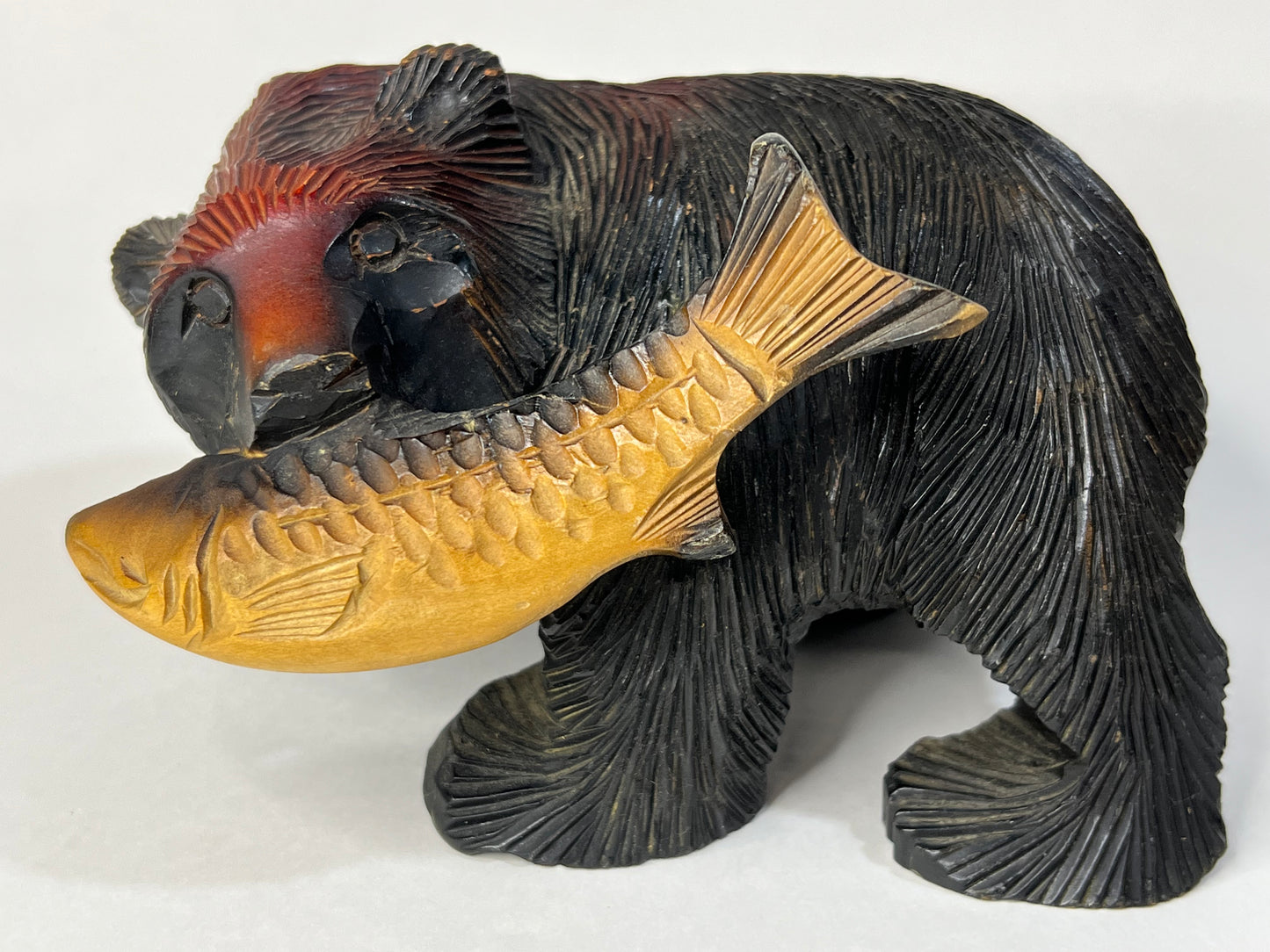 Vintage Japanese Ainu Hand Carved Bear w/ Salmon Cedar Wood Kubori Kuma Red 6"