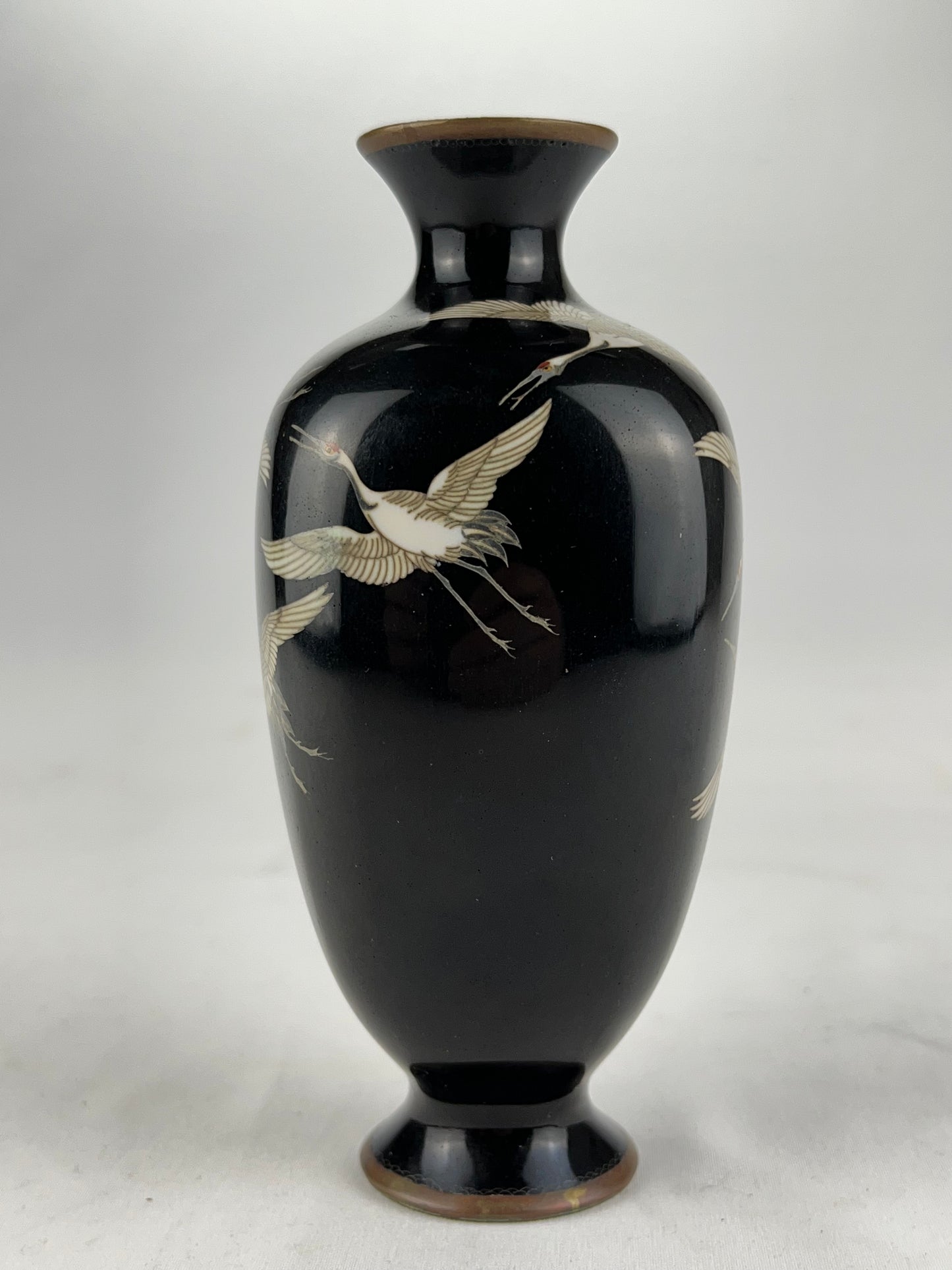 Antique Japanese Meiji Era (c1880) Cloisonné Vase Happiness Cranes 6”