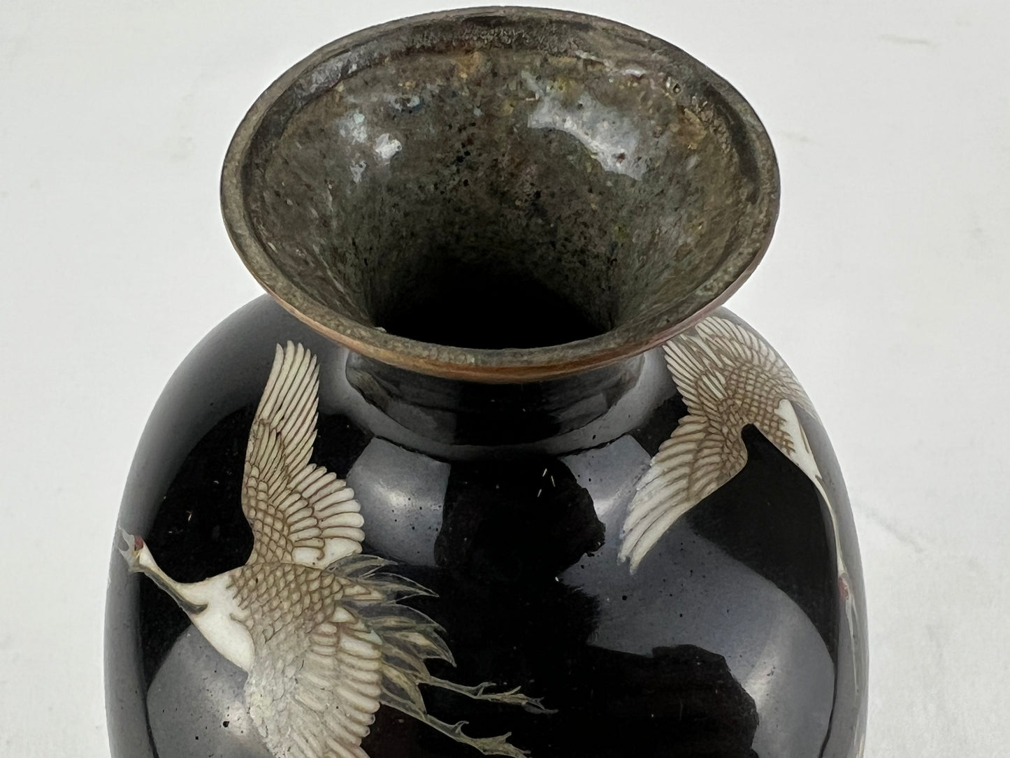 Antique Japanese Meiji Era (c1880) Cloisonné Vase Happiness Cranes 6”
