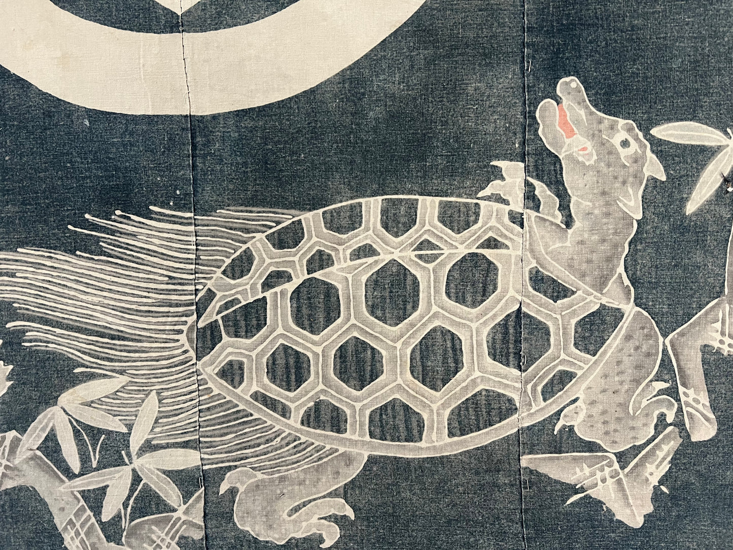 Antique Japanese c.1820 Futon Cover 6 Color Turtle & Crane Indigo Dyed Tsutsugaki