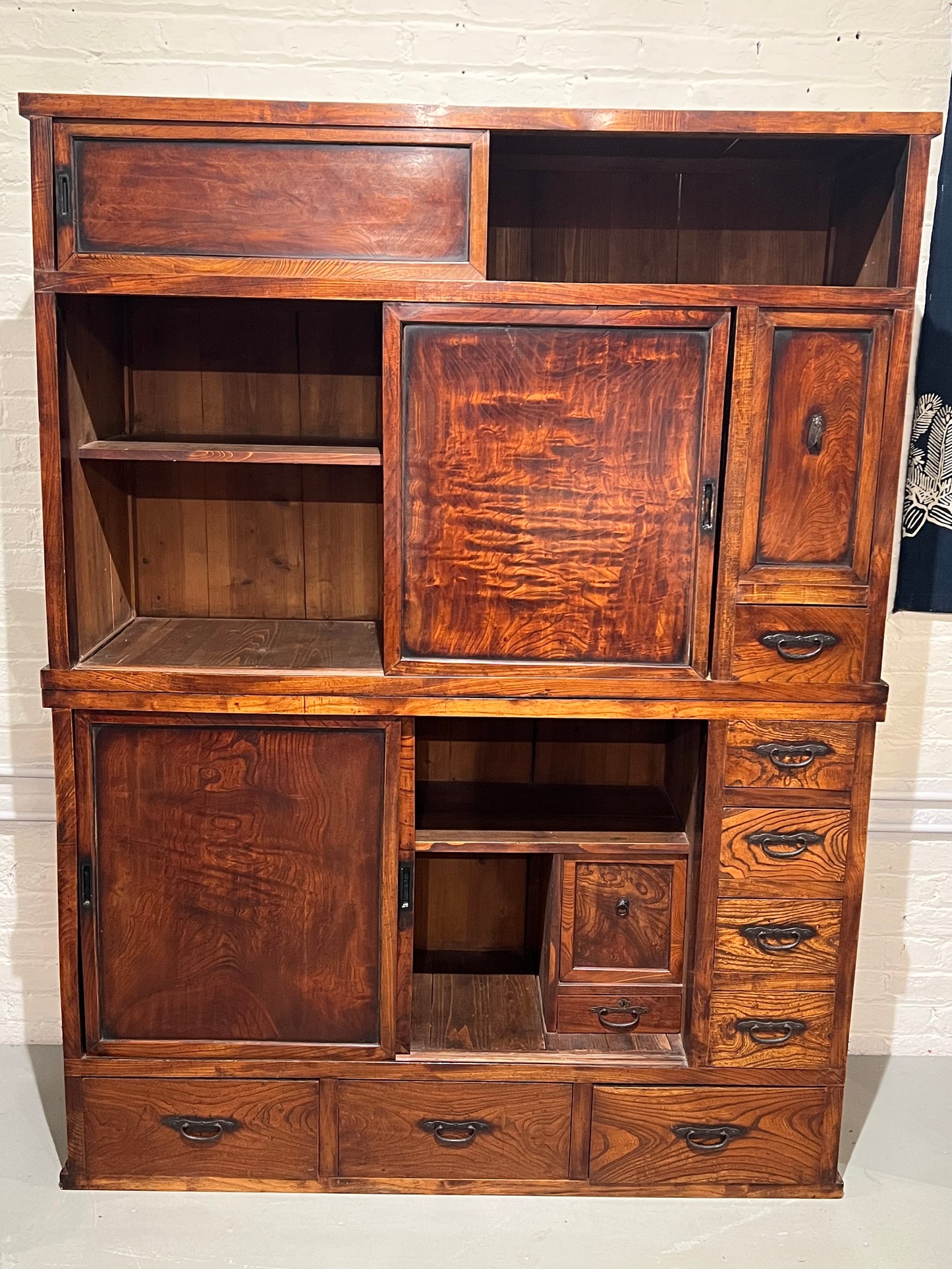 Antique Japanese Mizuya Meiji Era Late 19th Keyaki Elm Kitchen Chest 52"