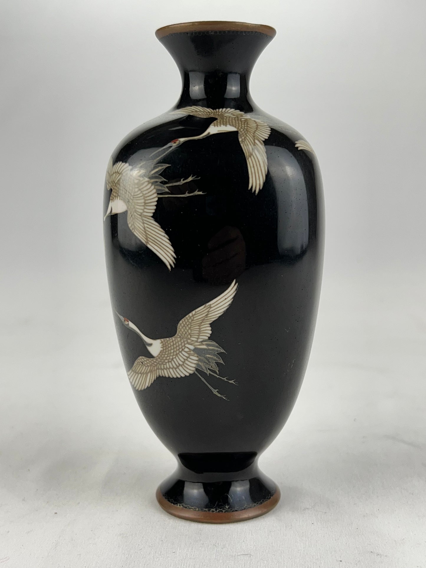 Antique Japanese Meiji Era (c1880) Cloisonné Vase Happiness Cranes 6”