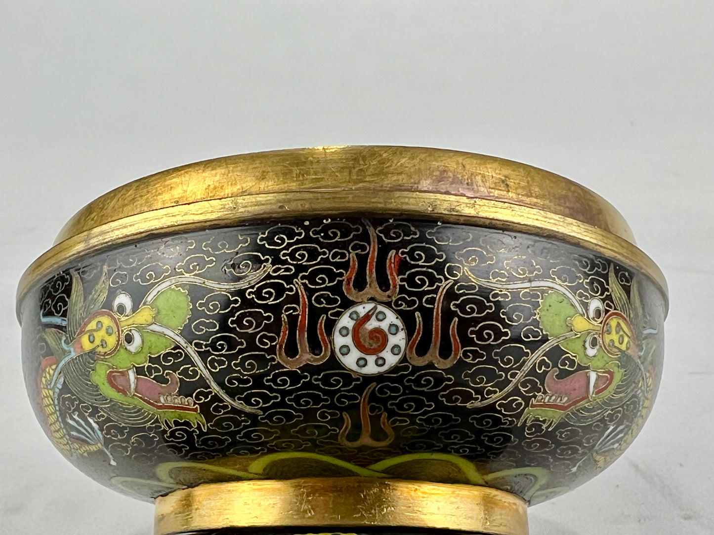 Antique Japanese Meiji Era (late 1800's) Cloisonné Yellow Dragon Jar / Box 3.5”
