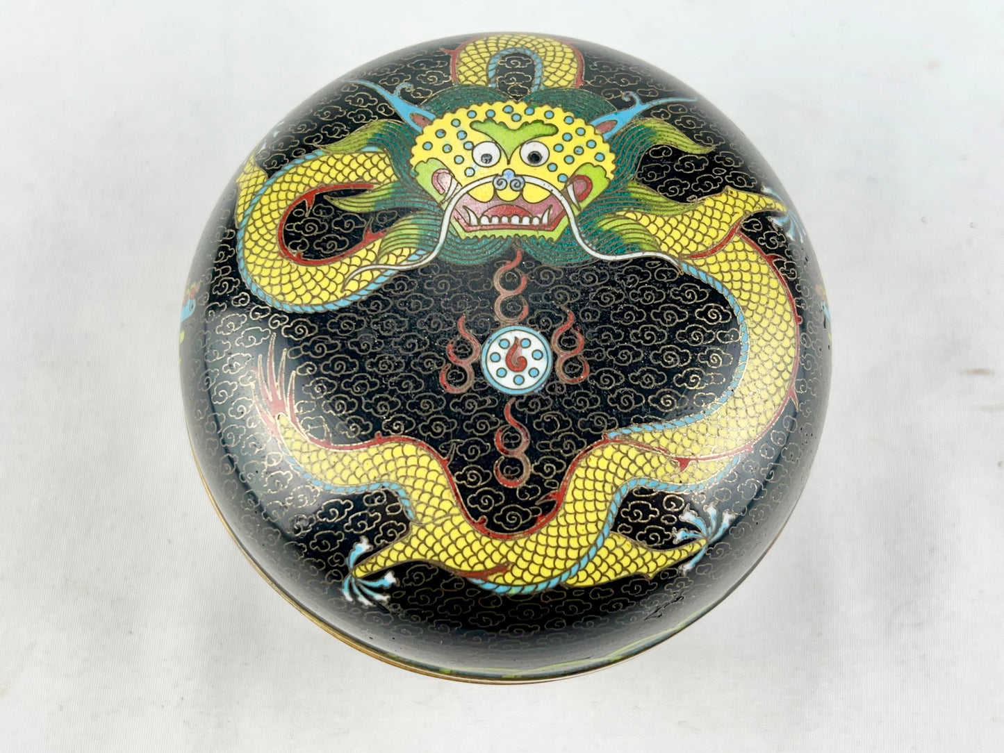 Antique Japanese Meiji Era (late 1800's) Cloisonné Yellow Dragon Jar / Box 3.5”
