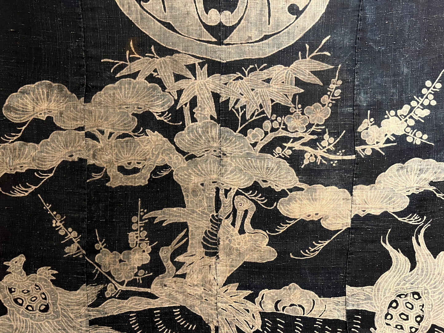 Antique Japanese c.1800 Futon Cover 3 Color Pine Bamboo Plum Mon Indigo Dyed Tsutsugaki