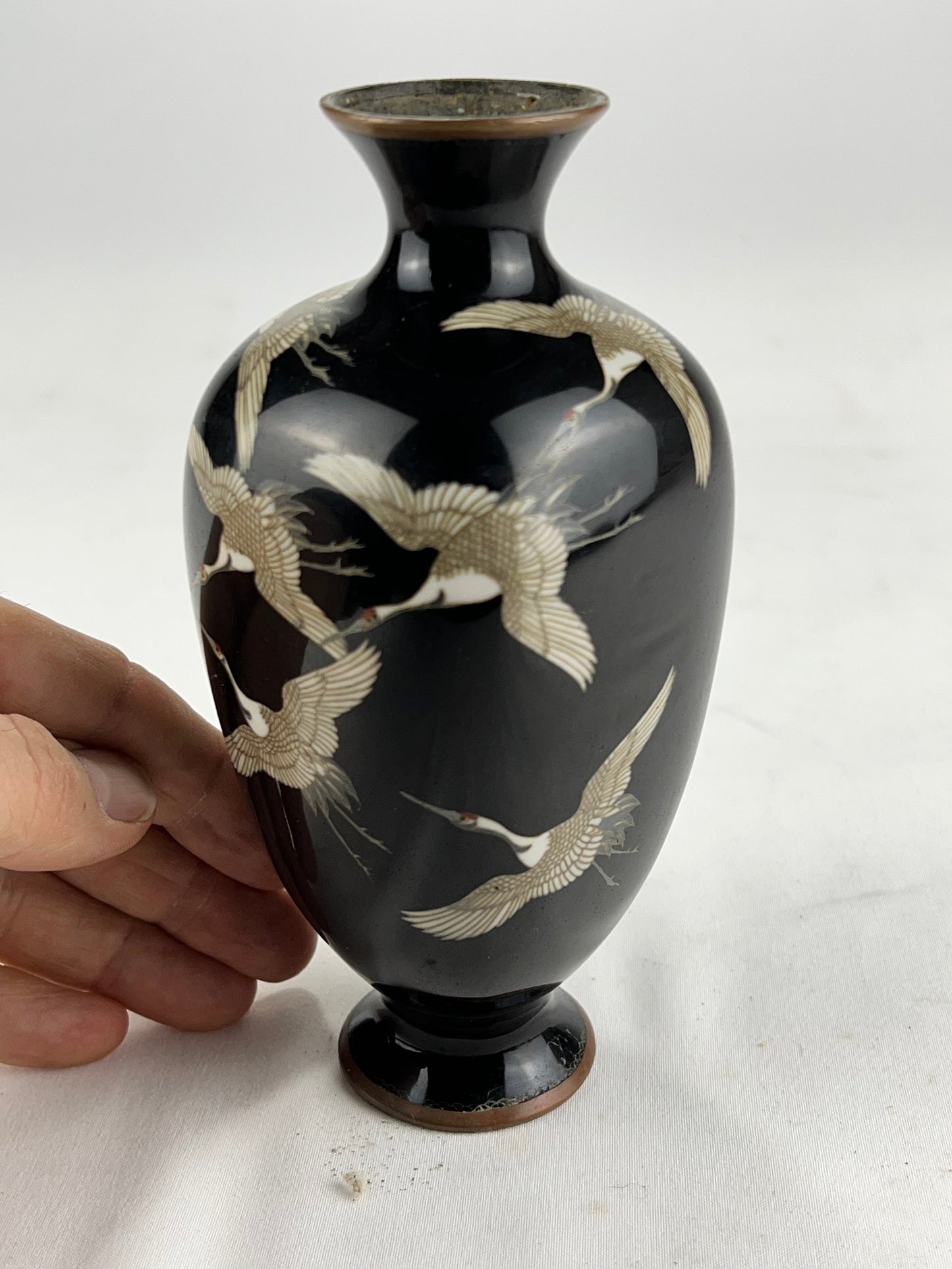 Antique Japanese Meiji Era (c1880) Cloisonné Vase Happiness Cranes 6”