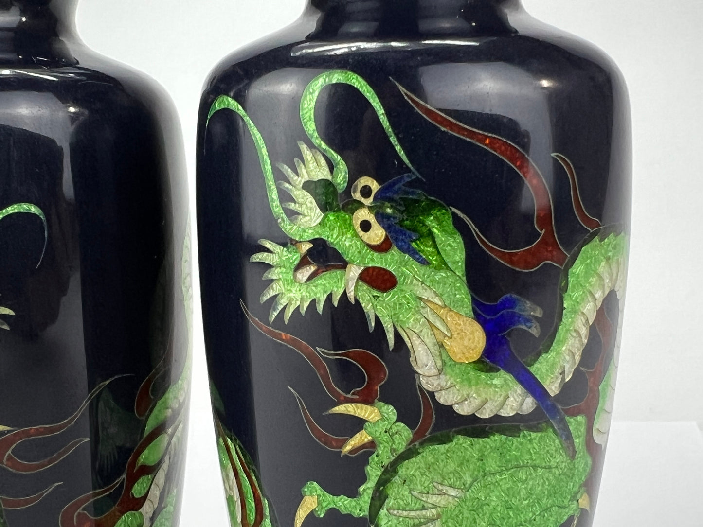 Antique Japanese Meiji Era (late 1800's) Cloisonné Pair of Green Dragon Vases 5”