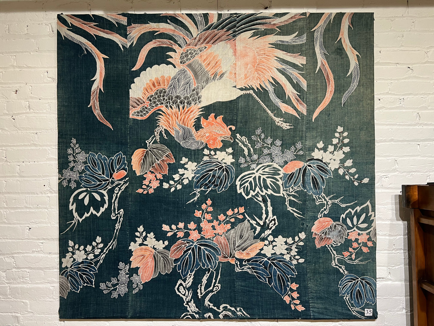 Antique Japanese c.1840 Futon Cover 6 Color Phoenix Indigo Dyed Tsutsugaki