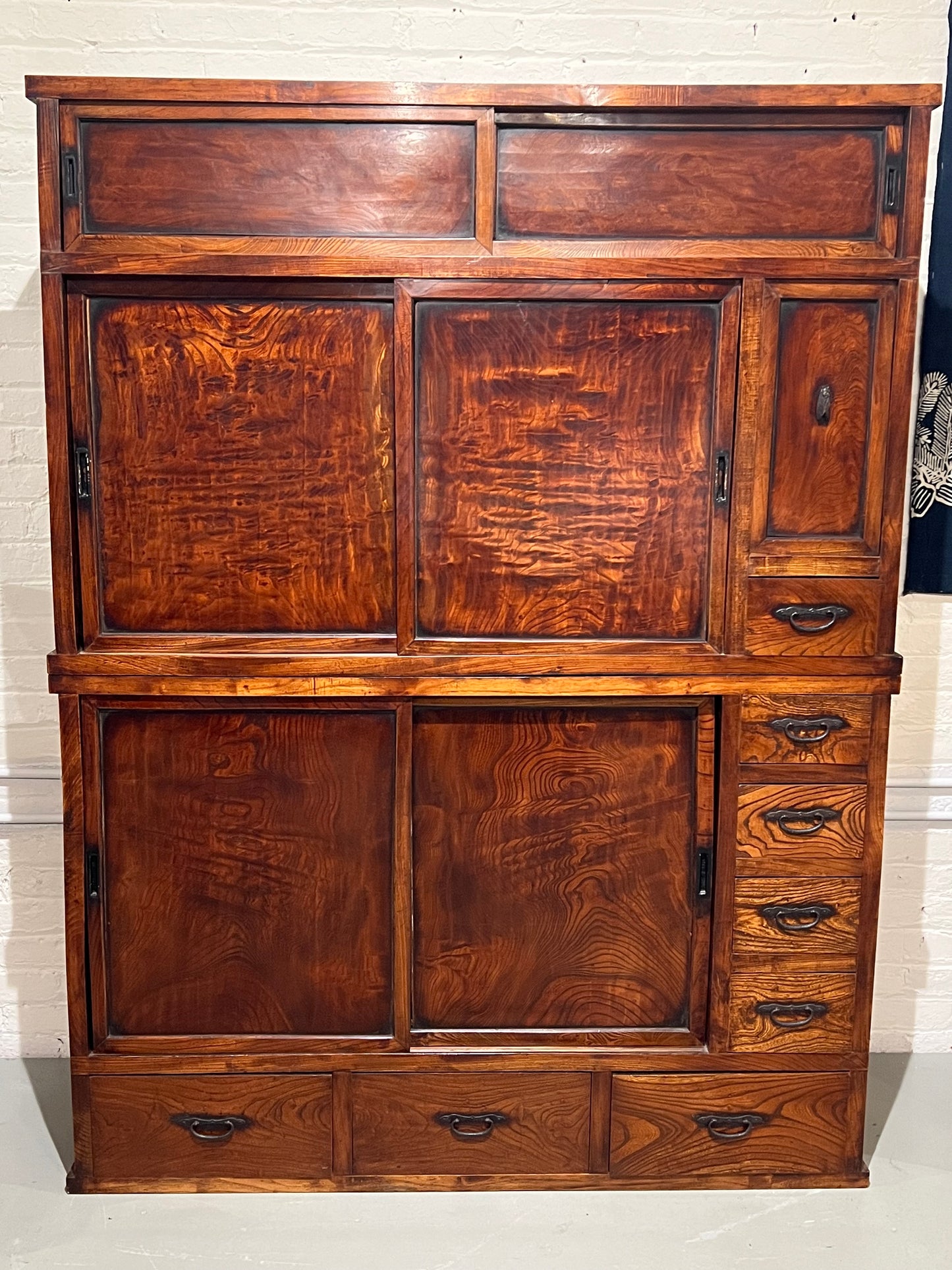 Antique Japanese Mizuya Meiji Era Late 19th Keyaki Elm Kitchen Chest 52"