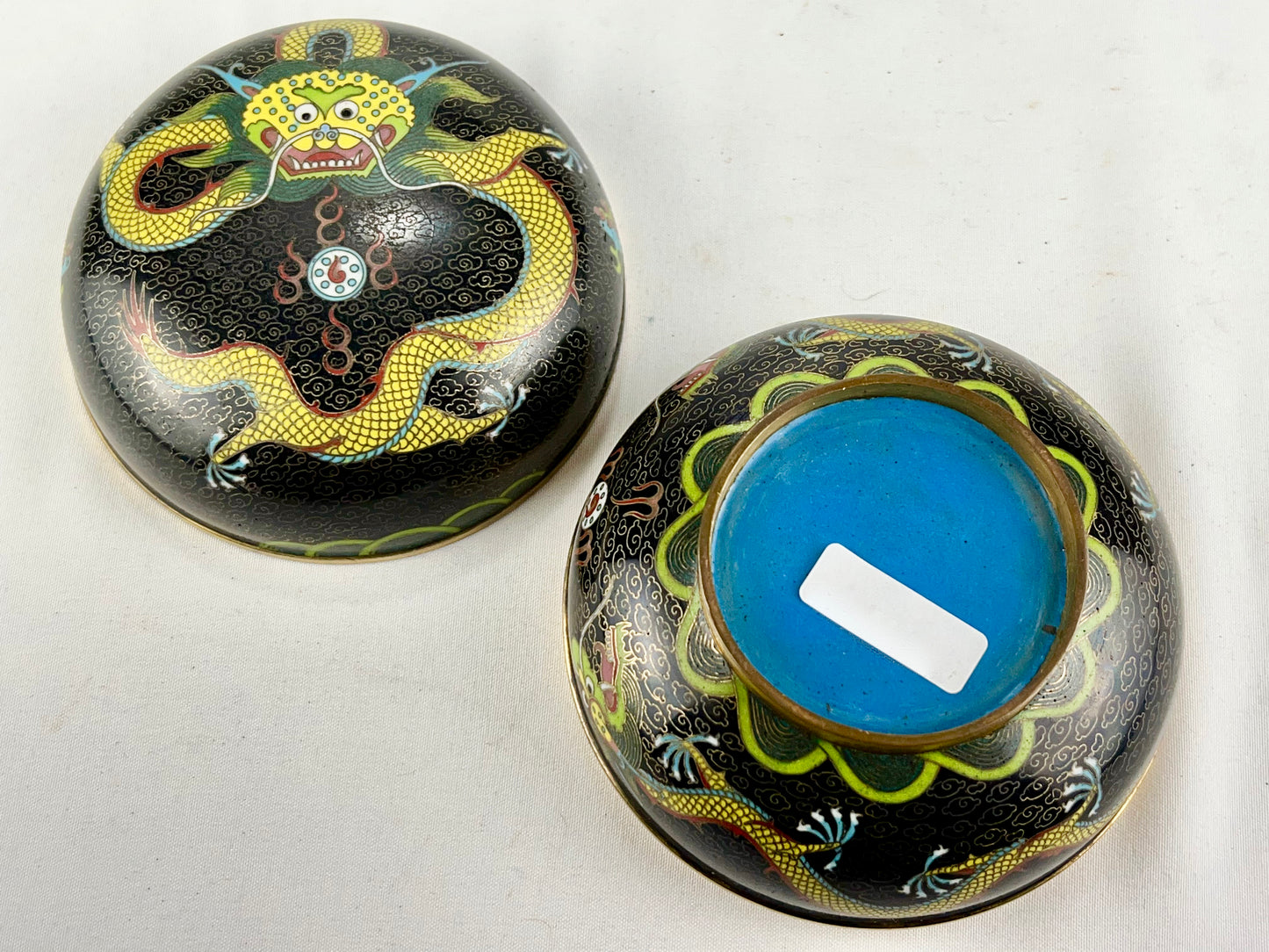 Antique Japanese Meiji Era (late 1800's) Cloisonné Yellow Dragon Jar / Box 3.5”