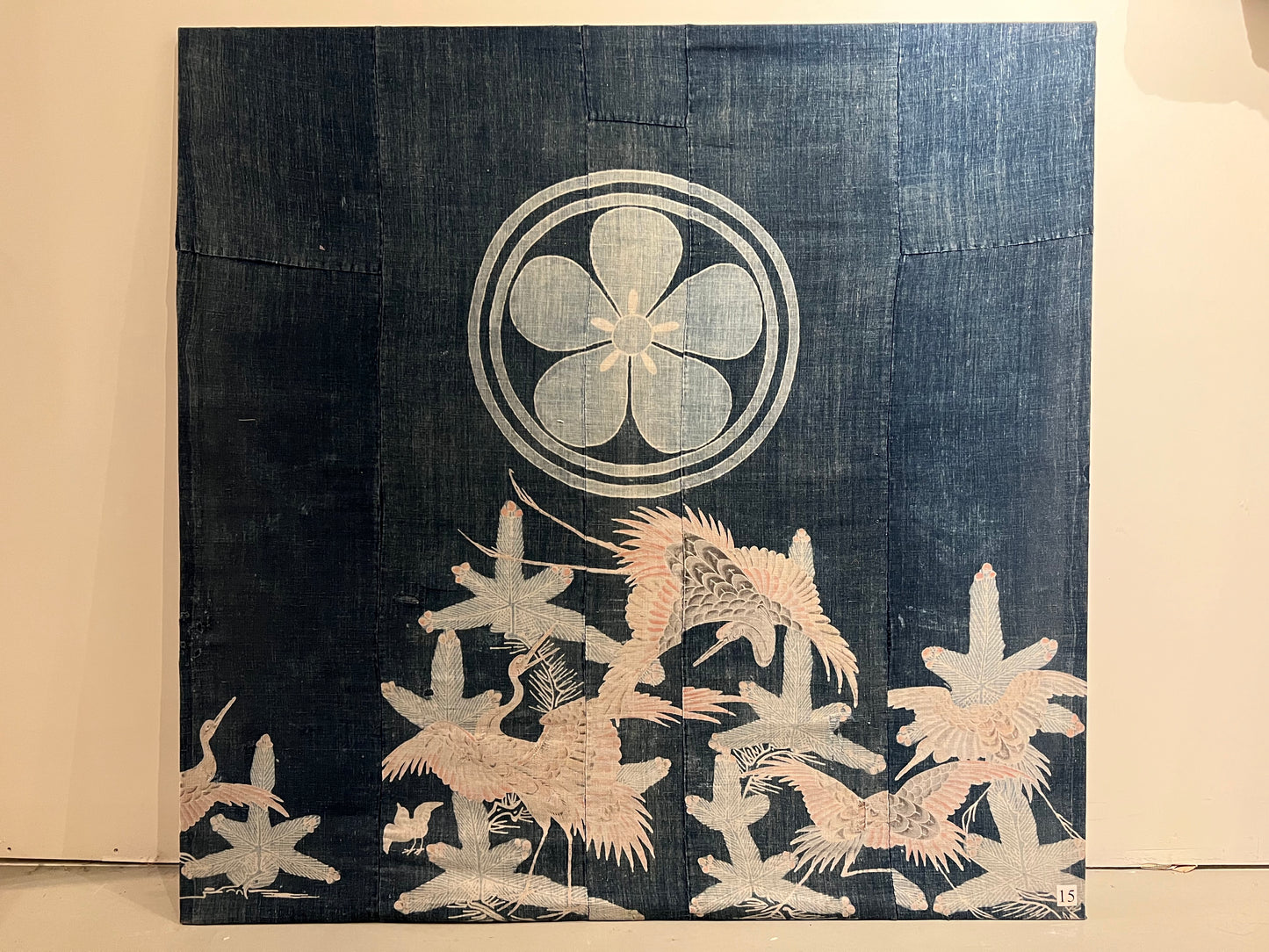 Antique Japanese c.1850 Futon Cover 6 Color Plum Blossom Mon & Cranes Indigo Dyed Tsutsugaki