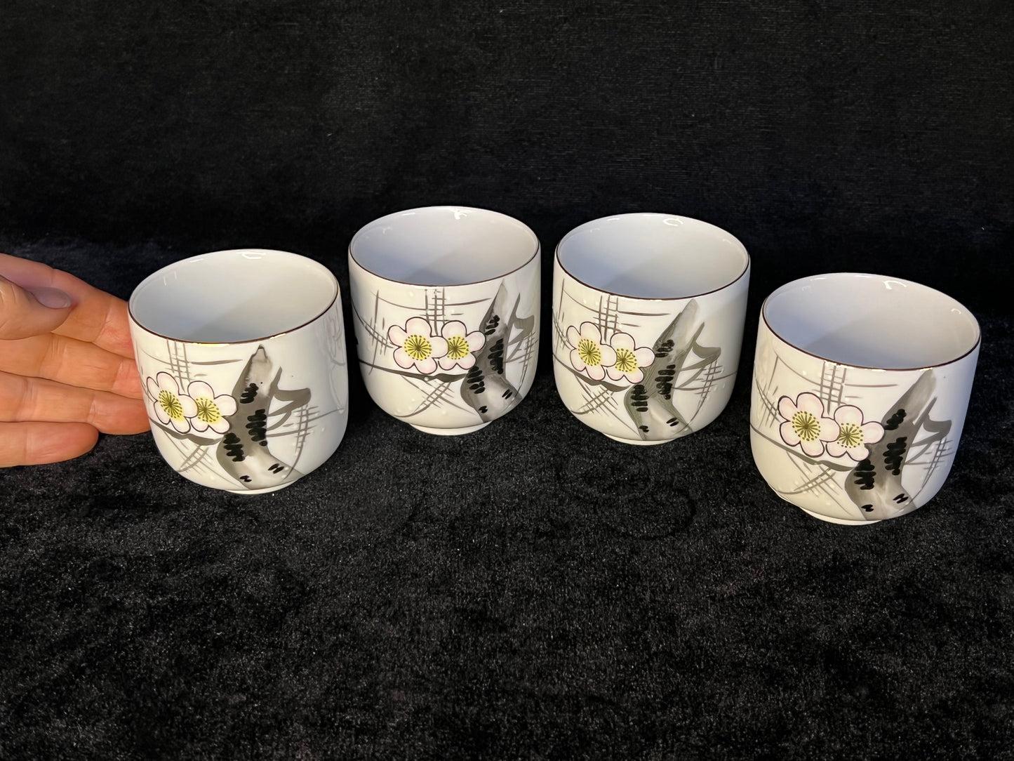 Vintage Japanese Set of 4 Tea Cups Cherry Blossom w/ Bird 2.5"