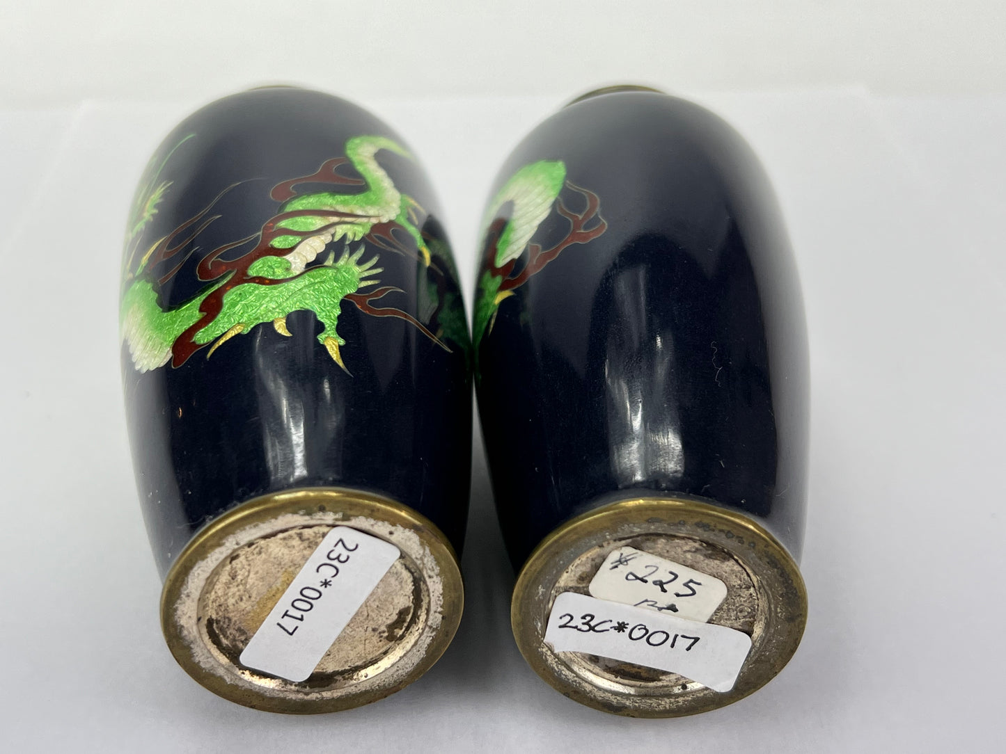 Antique Japanese Meiji Era (late 1800's) Cloisonné Pair of Green Dragon Vases 5”