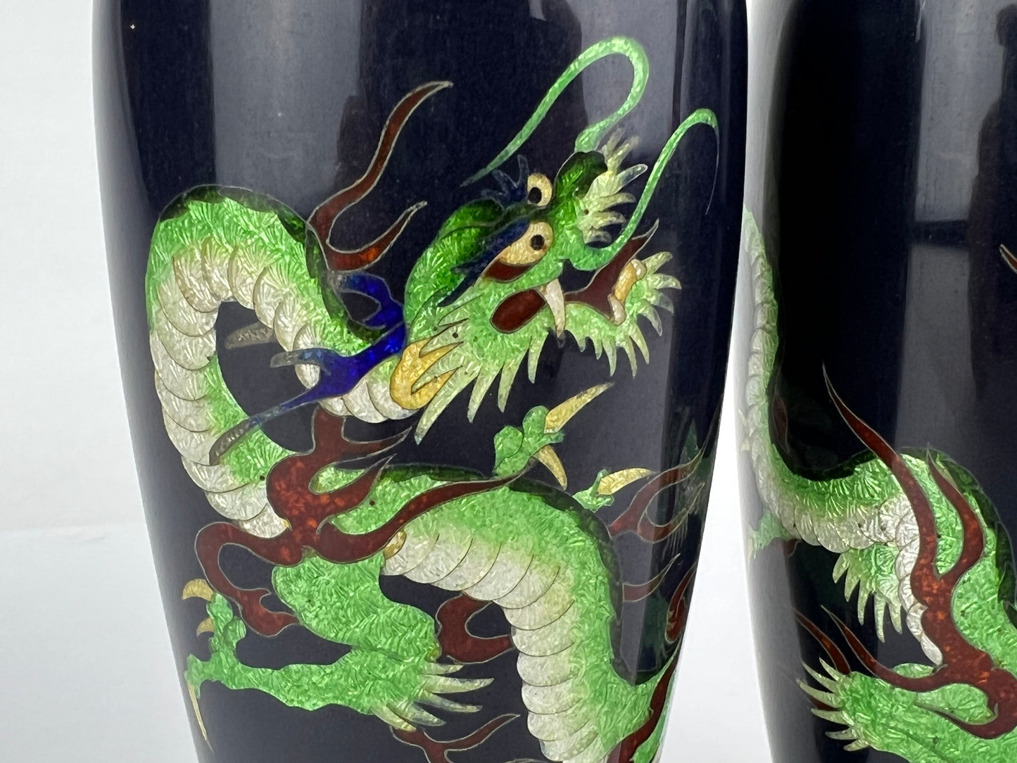 Antique Japanese Meiji Era (late 1800's) Cloisonné Pair of Green Dragon Vases 5”