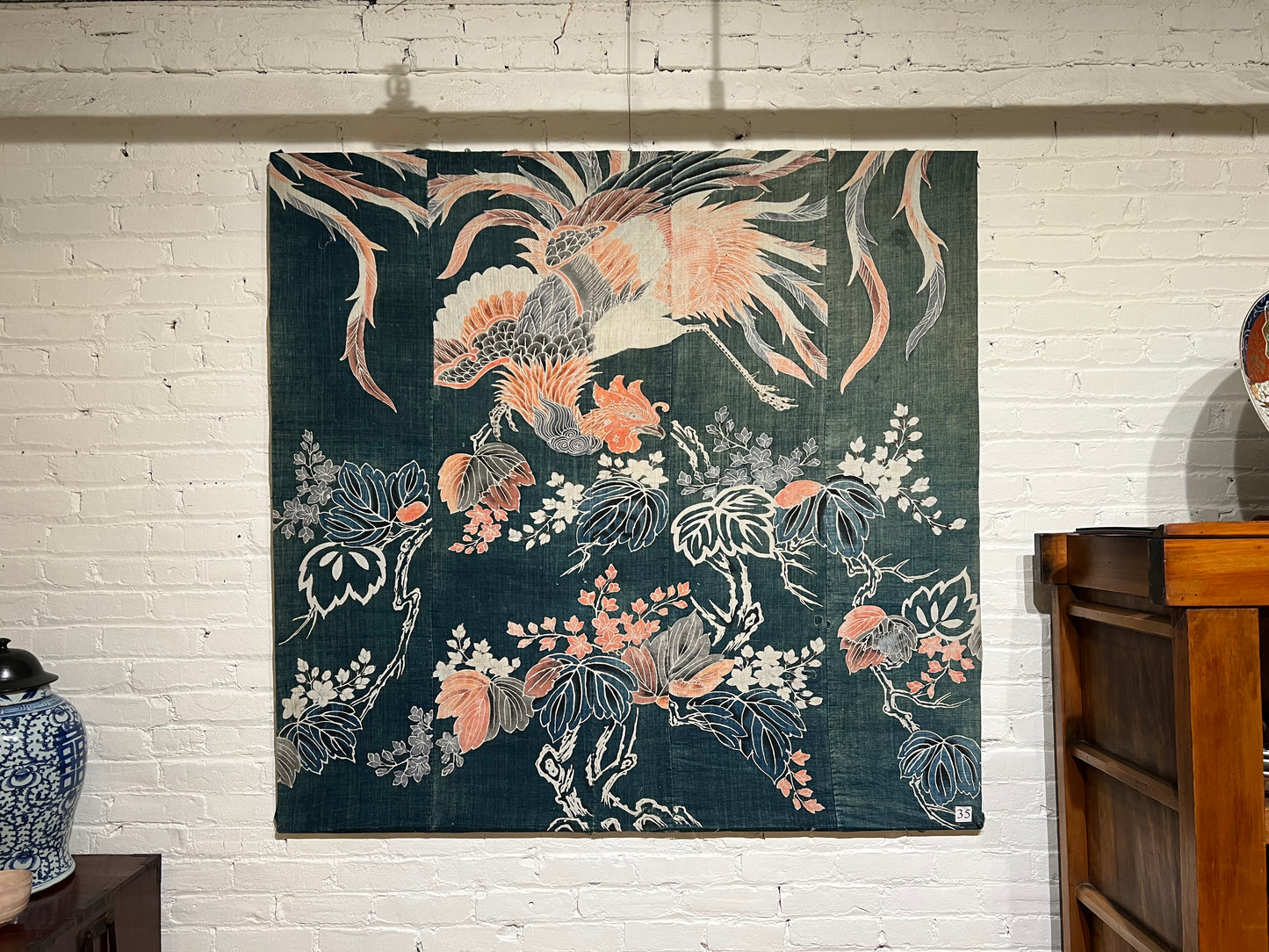 Antique Japanese c.1840 Futon Cover 6 Color Phoenix Indigo Dyed Tsutsugaki