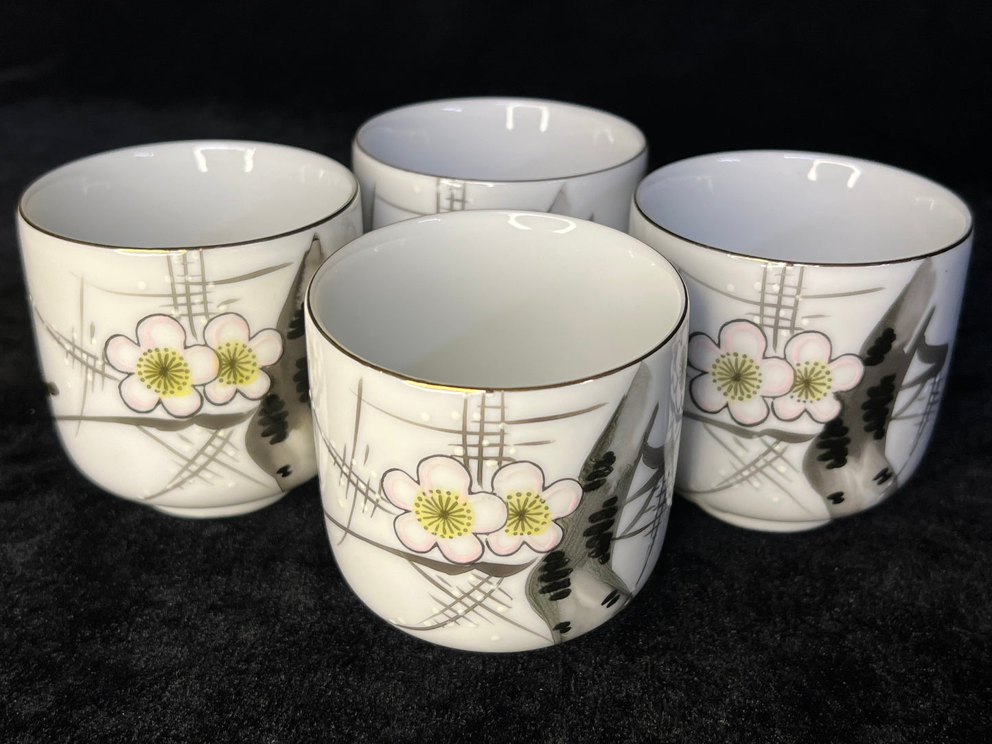Vintage Japanese Set of 4 Tea Cups Cherry Blossom w/ Bird 2.5"