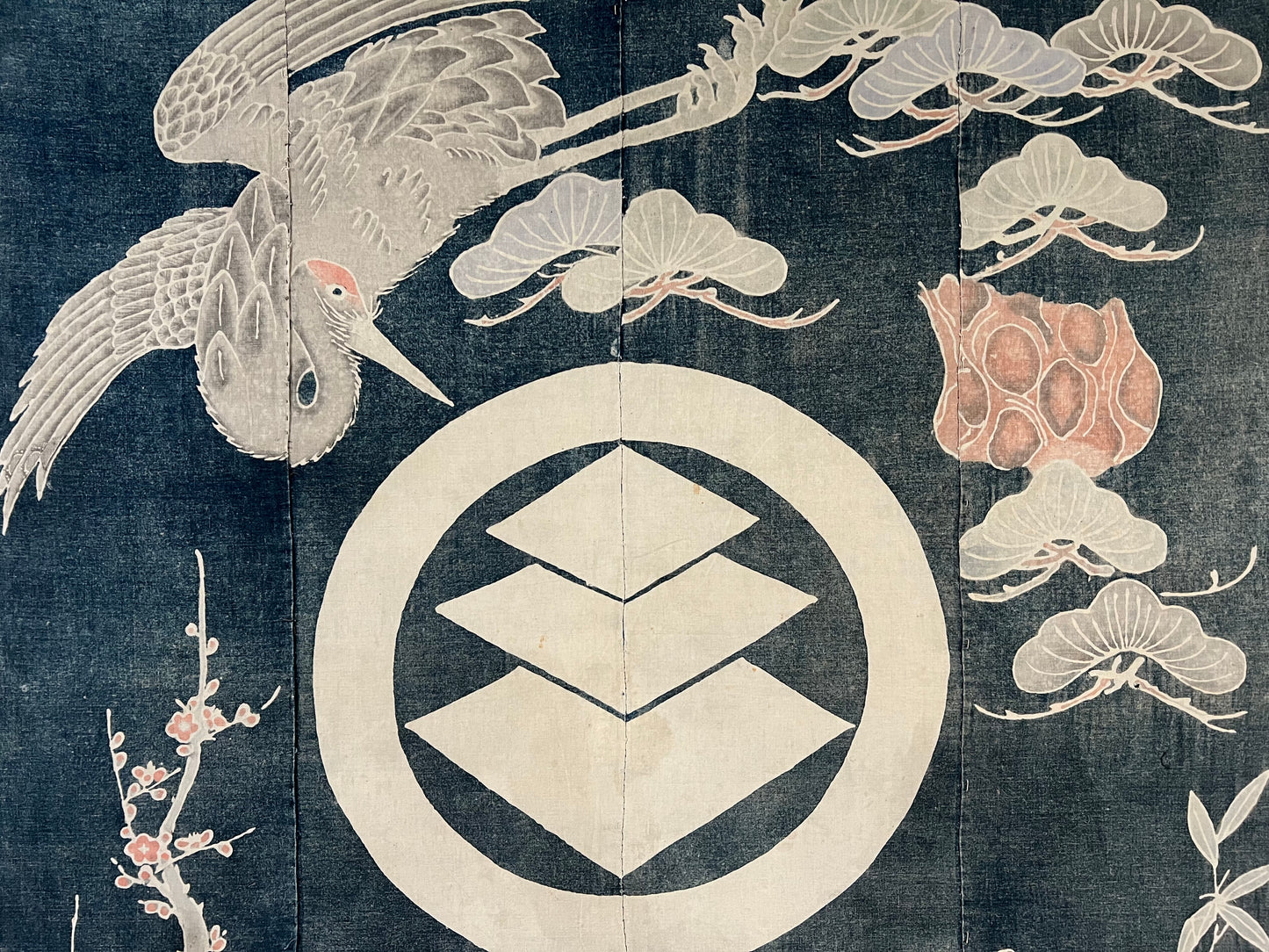 Antique Japanese c.1820 Futon Cover 6 Color Turtle & Crane Indigo Dyed Tsutsugaki