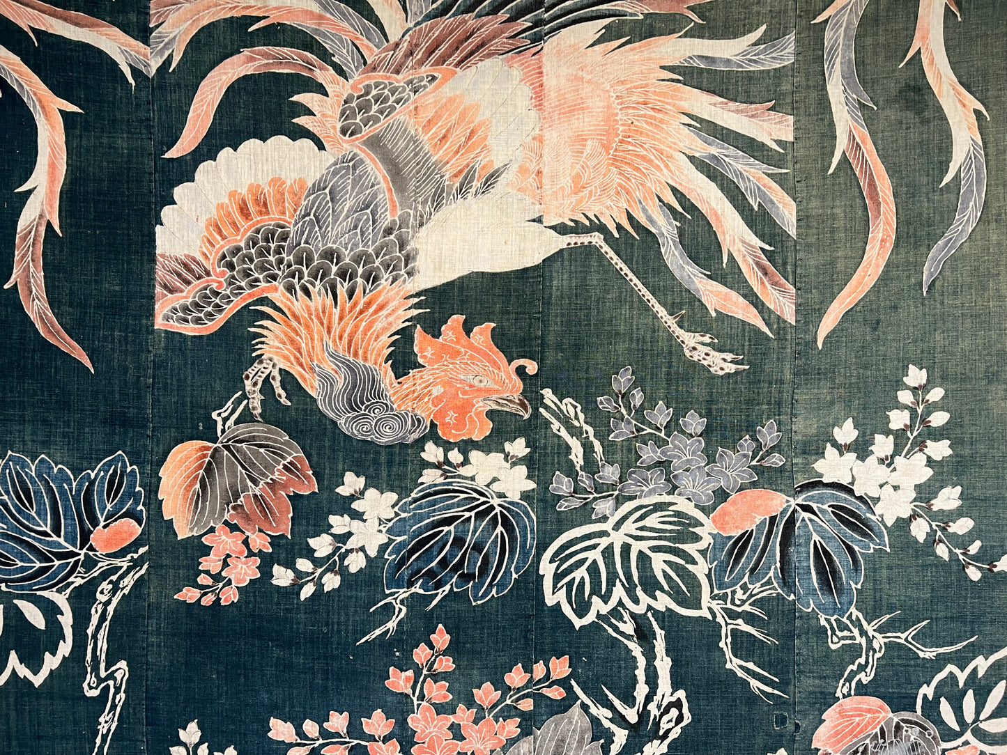 Antique Japanese c.1840 Futon Cover 6 Color Phoenix Indigo Dyed Tsutsugaki