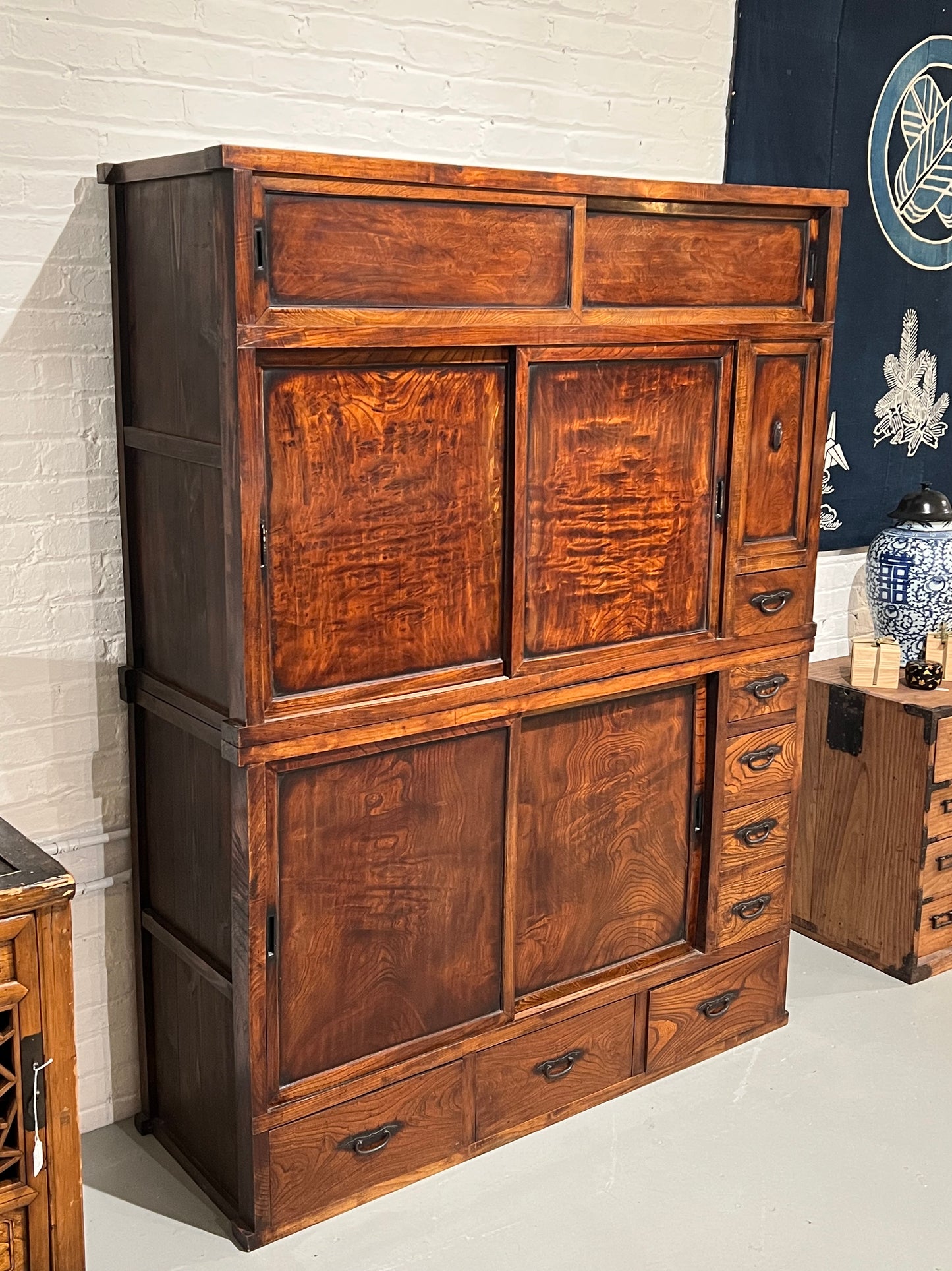 Antique Japanese Mizuya Meiji Era Late 19th Keyaki Elm Kitchen Chest 52"
