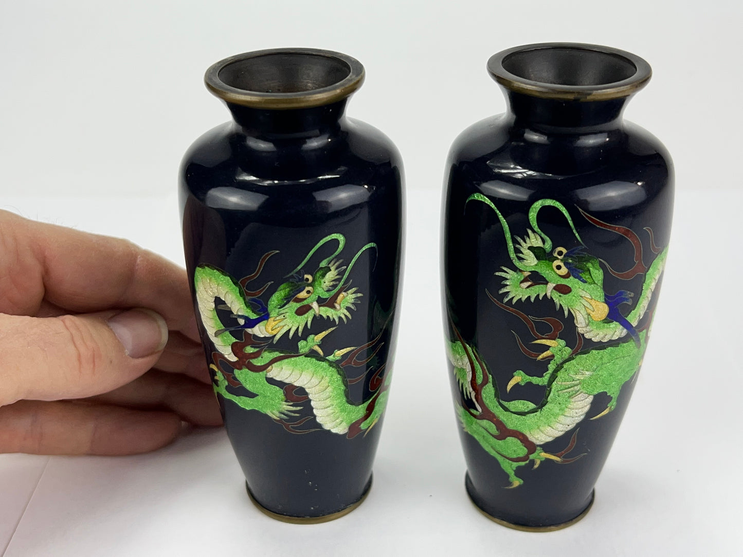 Antique Japanese Meiji Era (late 1800's) Cloisonné Pair of Green Dragon Vases 5”