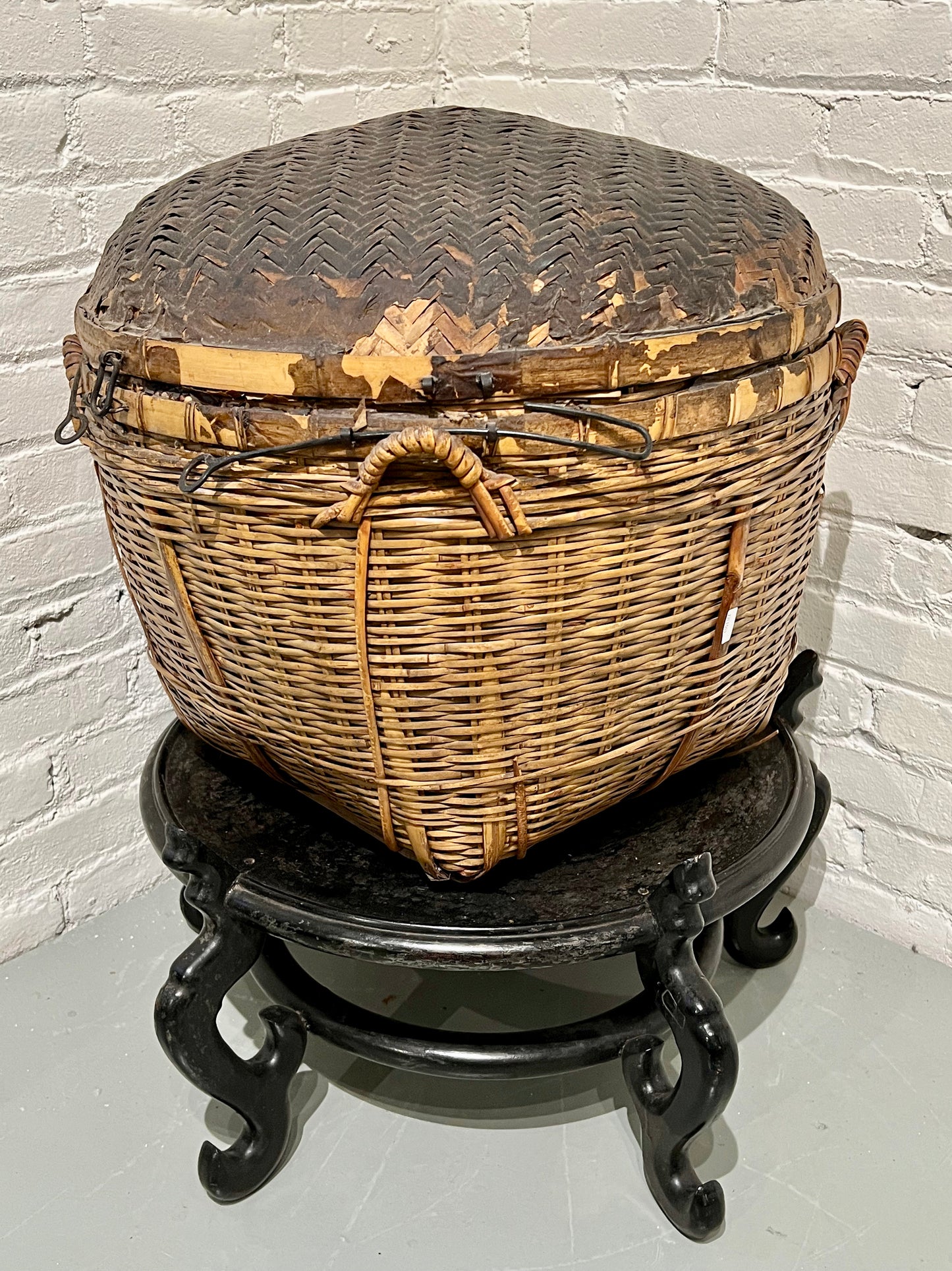 Antique Chinese Basket 19th Century Qing Hand Made Bamboo Storage Basket 22"L