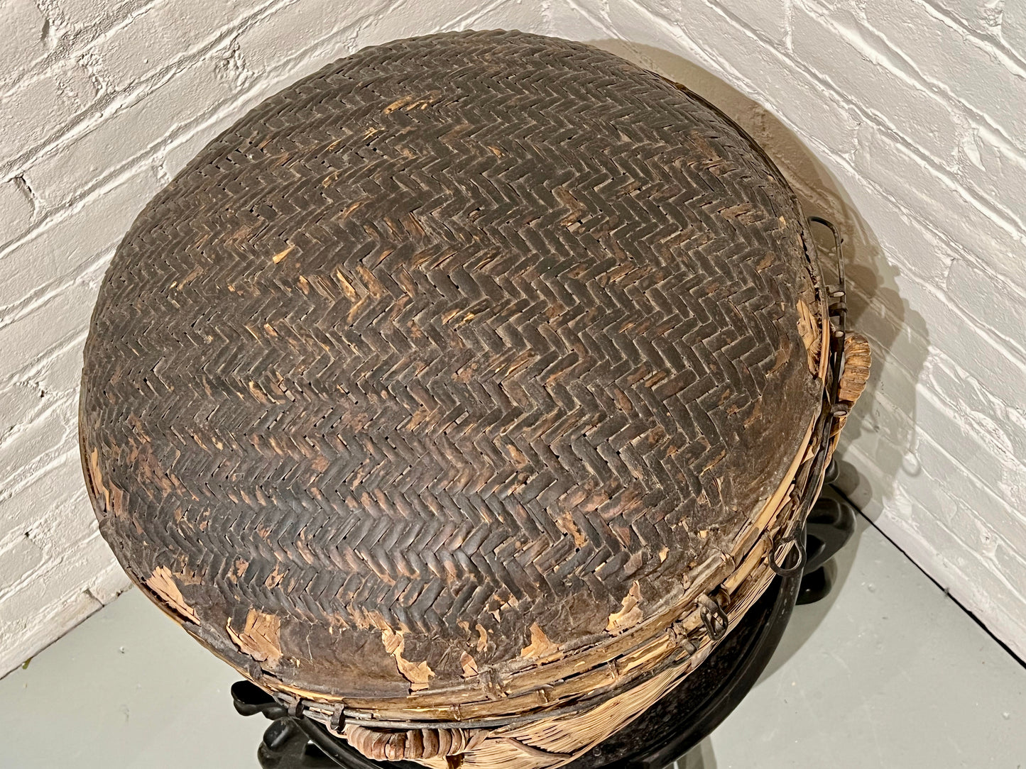 Antique Chinese Basket 19th Century Qing Hand Made Bamboo Storage Basket 22"L