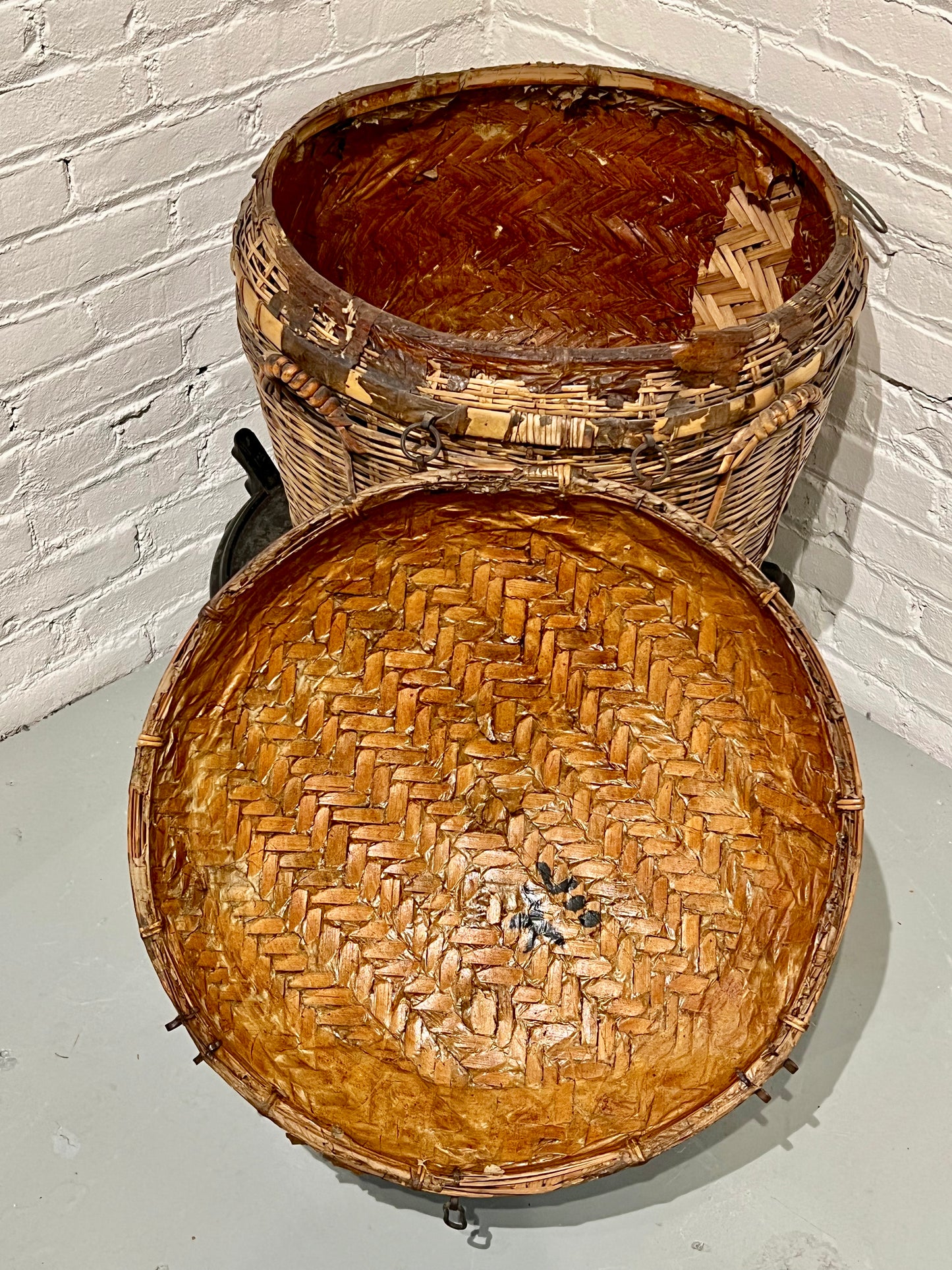Antique Chinese Basket 19th Century Qing Hand Made Bamboo Storage Basket 22"L