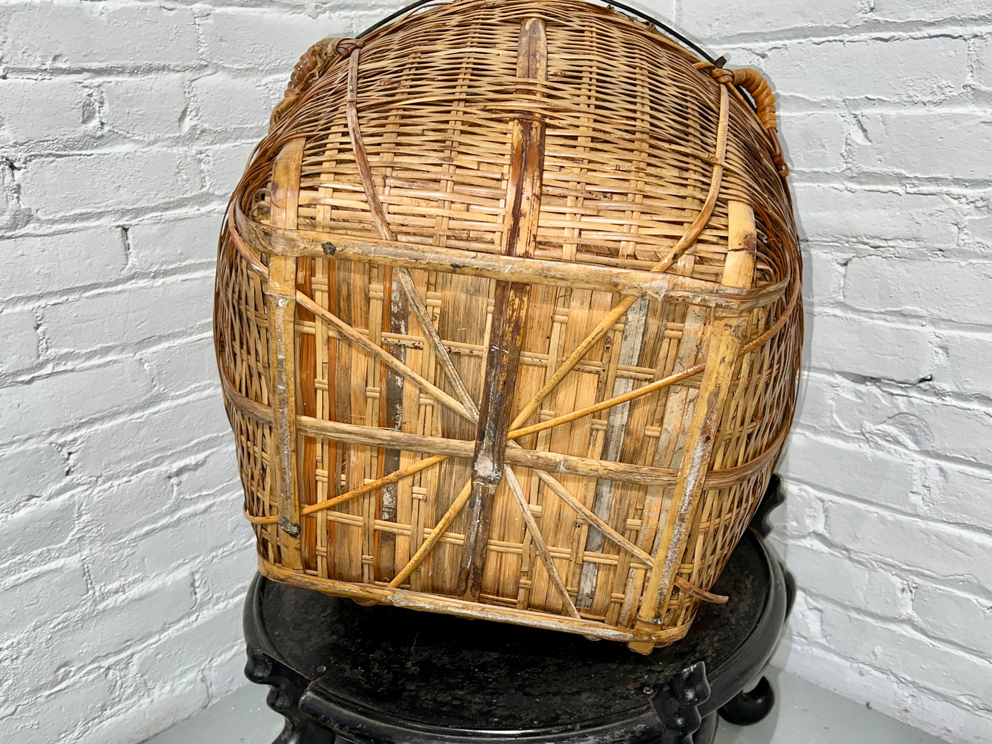 Antique Chinese Basket 19th Century Qing Hand Made Bamboo Storage Basket 22"L
