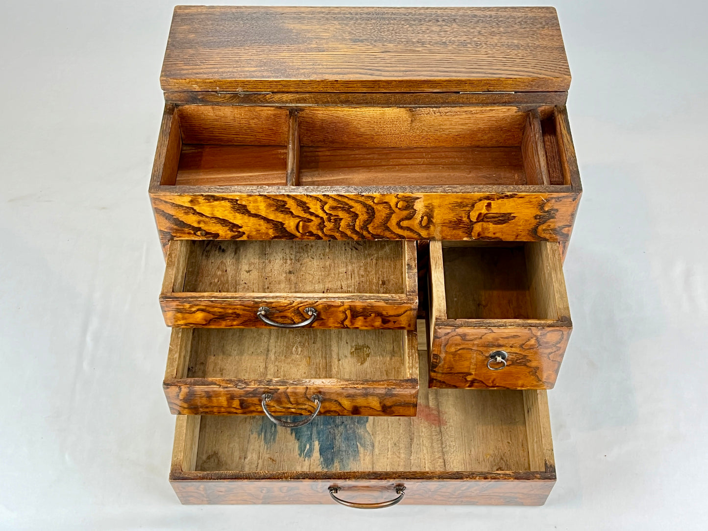 Antique Japanese Taisho Era c1920's Keyaki Wood Haribako Sewing Tansu 12"