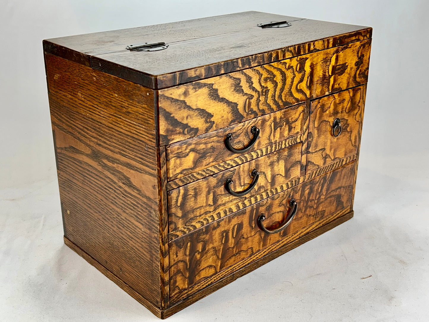 Antique Japanese Taisho Era c1920's Keyaki Wood Haribako Sewing Tansu 12"