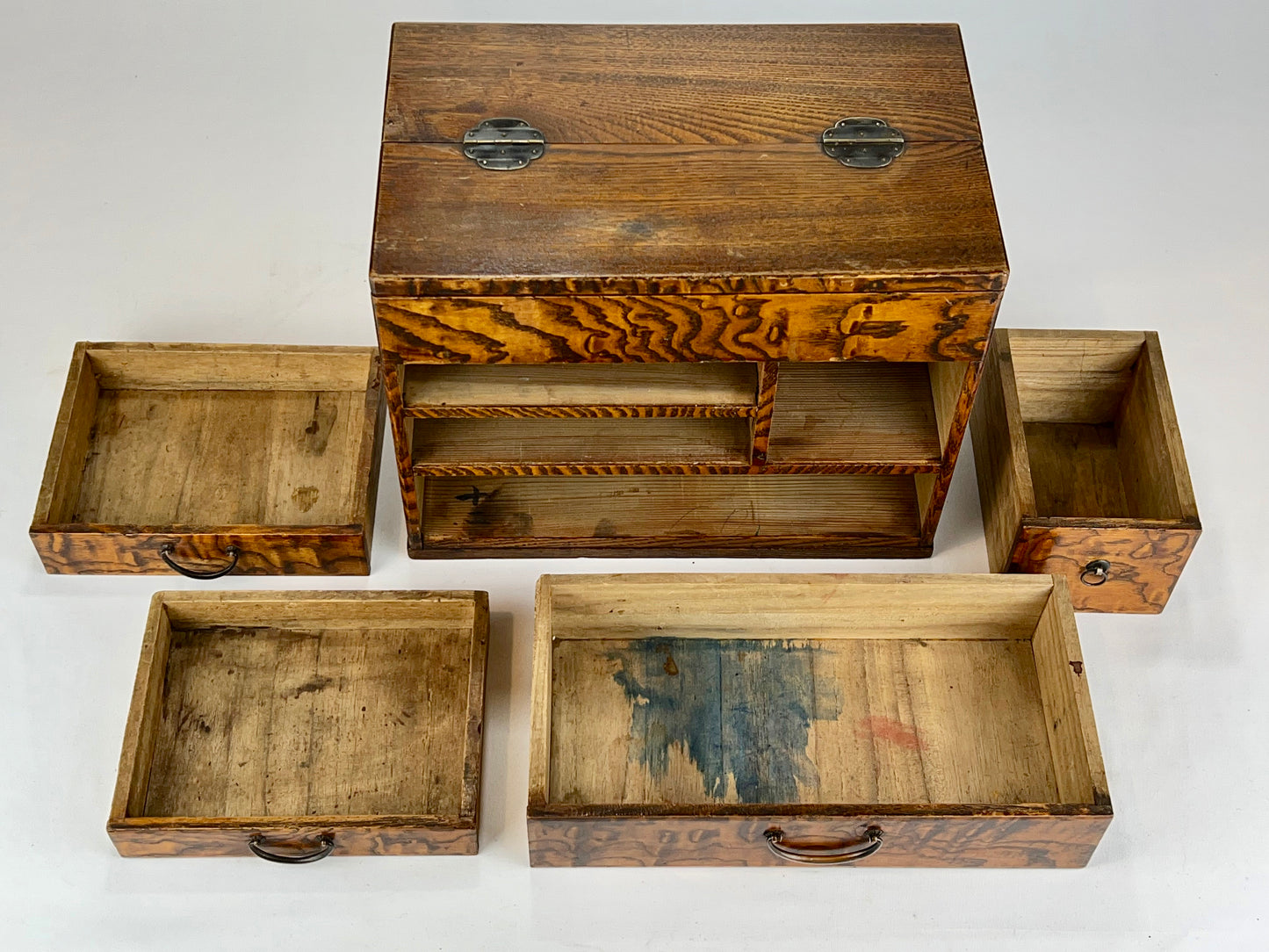Antique Japanese Taisho Era c1920's Keyaki Wood Haribako Sewing Tansu 12"