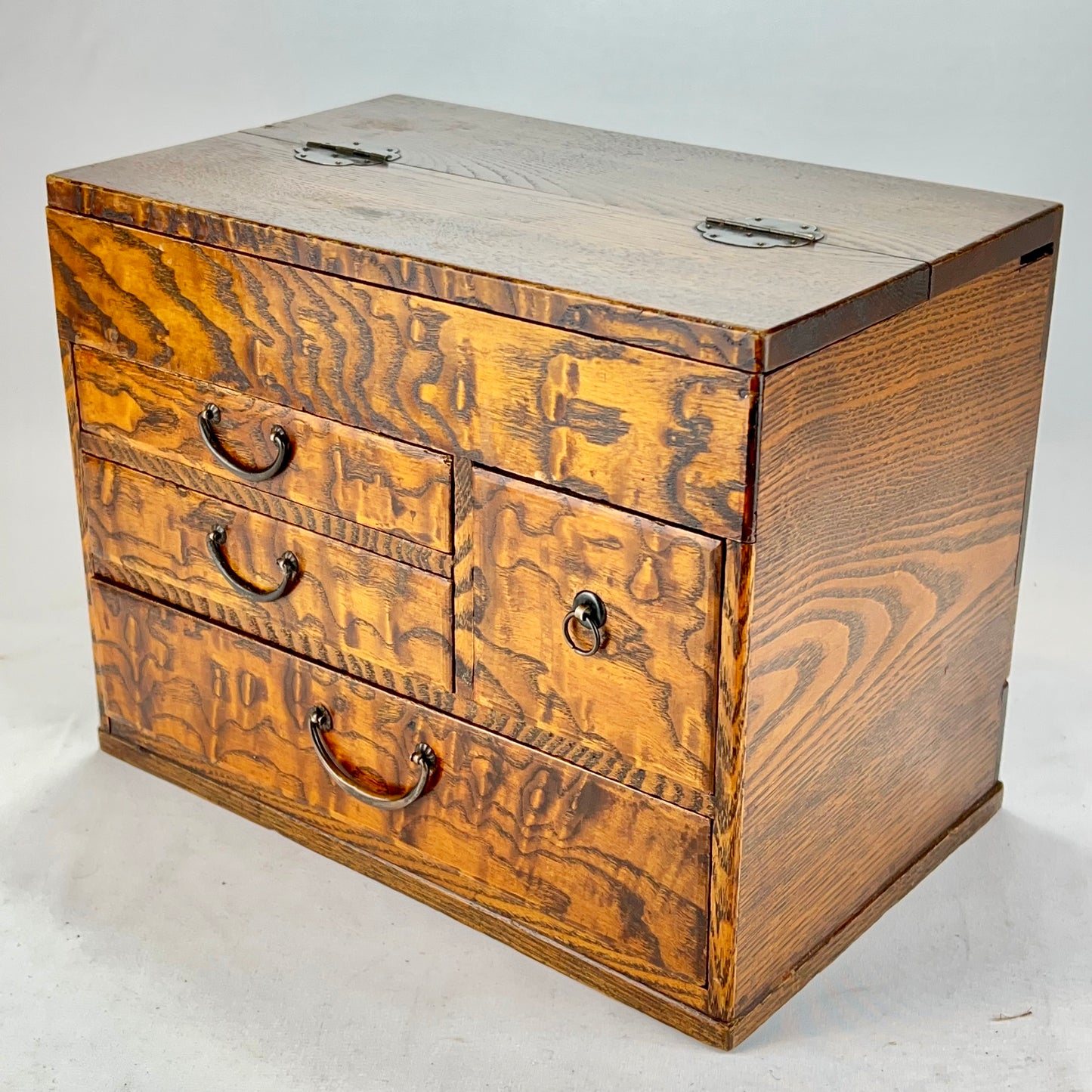 Antique Japanese Taisho Era c1920's Keyaki Wood Haribako Sewing Tansu 12"