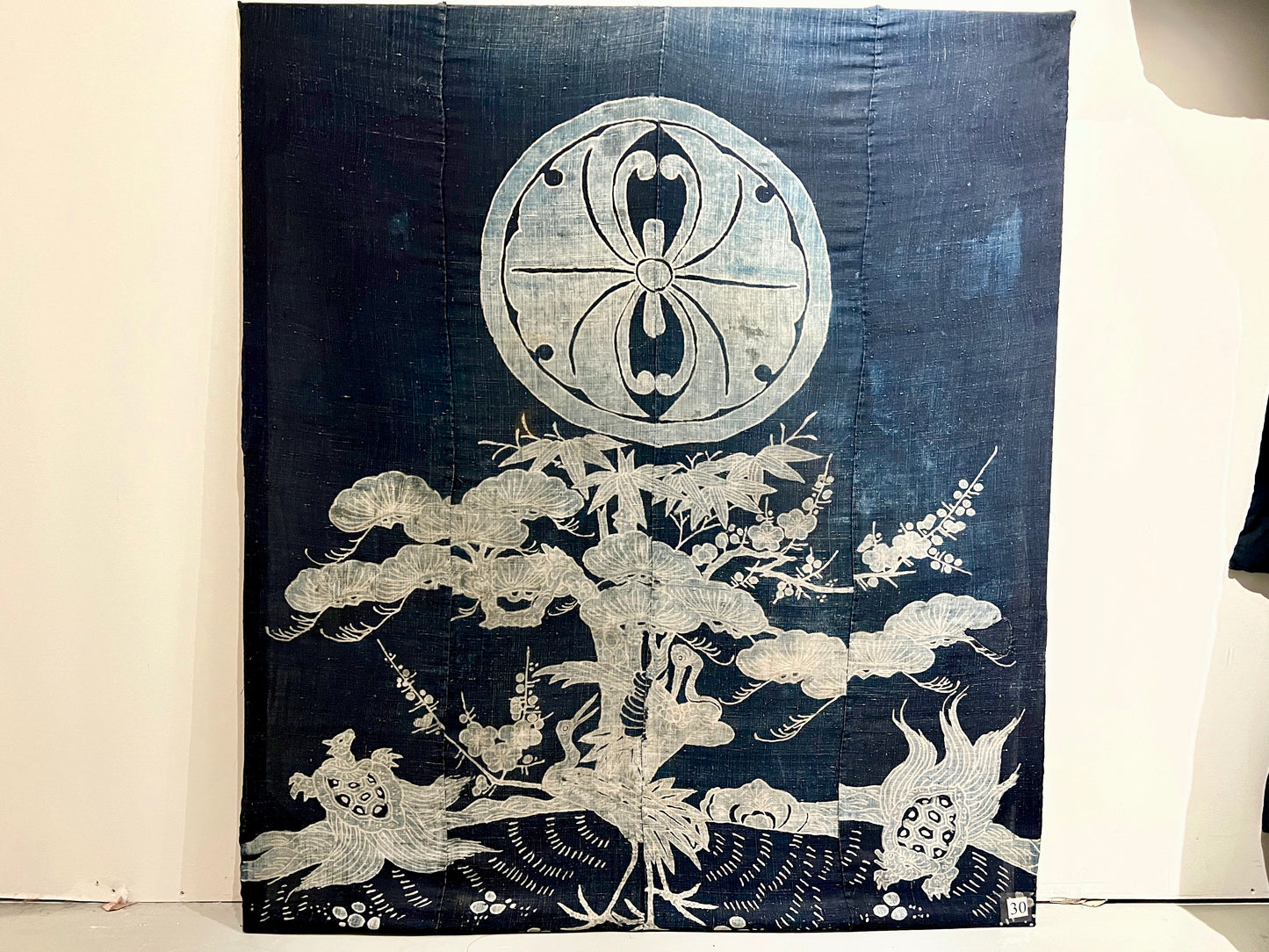 Antique Japanese c.1800 Futon Cover 3 Color Pine Bamboo Plum Mon Indigo Dyed Tsutsugaki