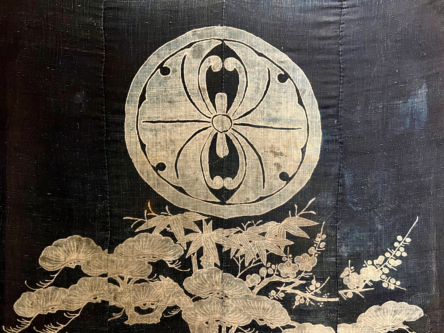 Antique Japanese c.1800 Futon Cover 3 Color Pine Bamboo Plum Mon Indigo Dyed Tsutsugaki