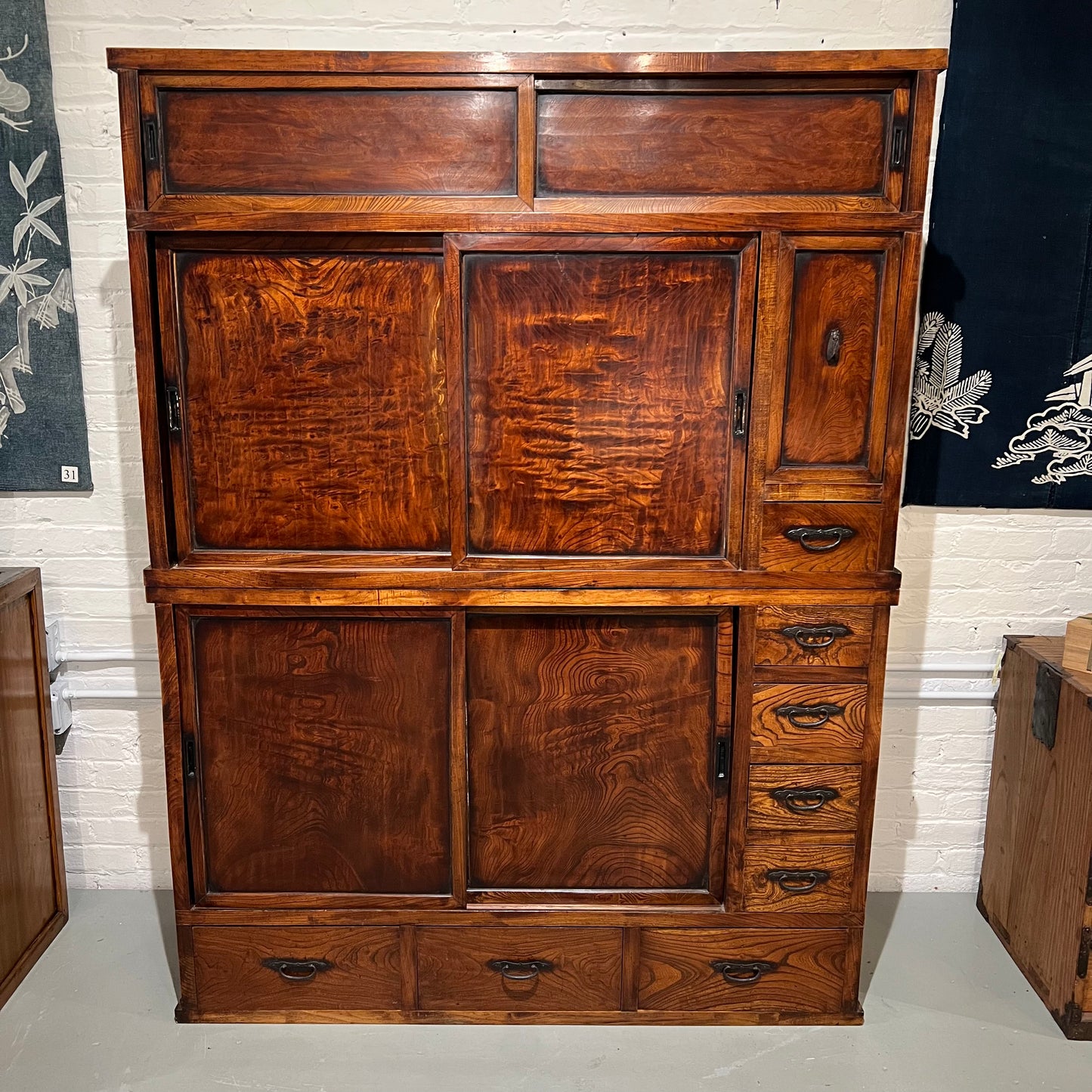 Antique Japanese Mizuya Meiji Era Late 19th Keyaki Elm Kitchen Chest 52"