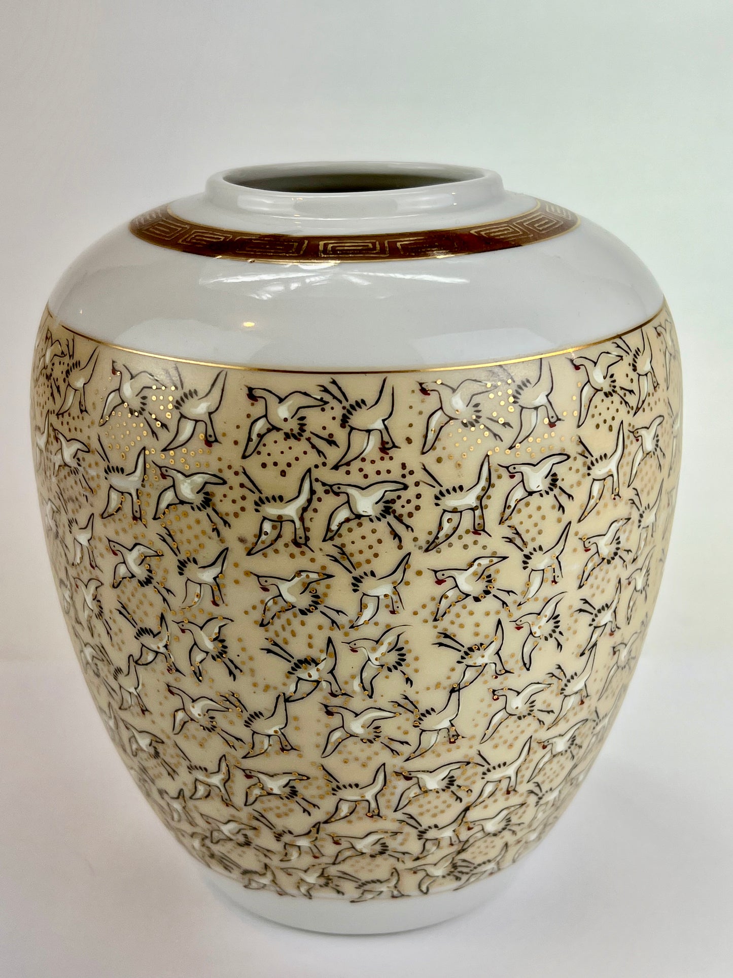 Vintage Porcelain Vase w/ Cranes in Black & Gold 7"